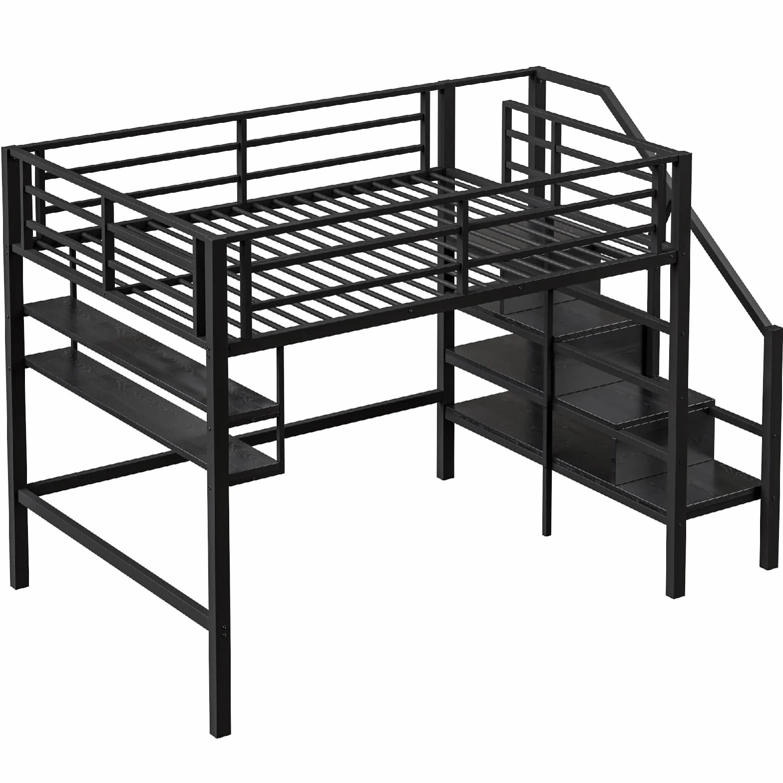 PUGSDRLY Lit Mezzanine 2 Place,Lit Mezzanine Enfant 140x200cm,lit superposé avec Escalier de Rangement et étagères,Design de Clôture Haute,pour Enfant et Adolescent (Noir)