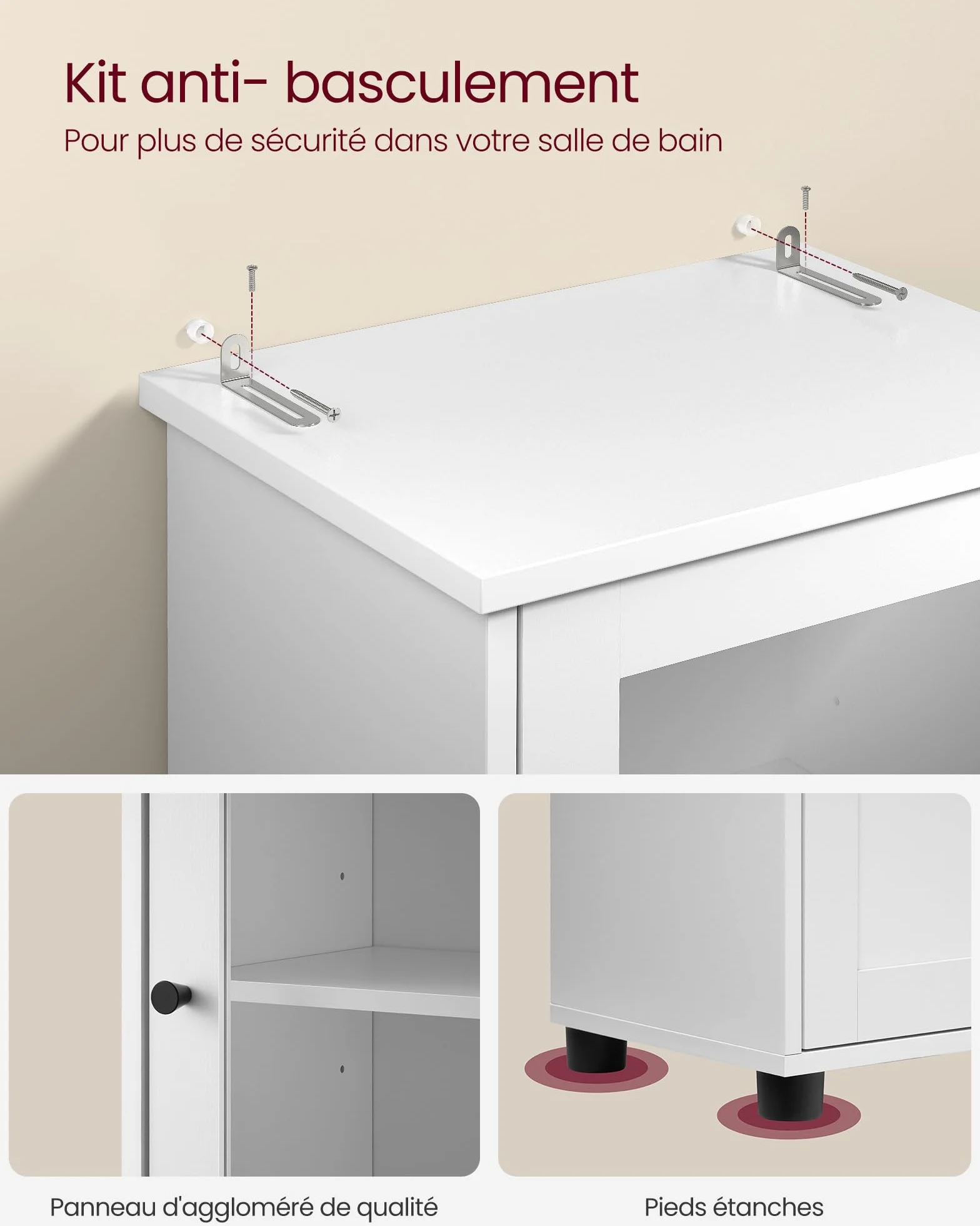 VASAGLE Meuble Salle de Bain, Colonne, Rangement avec Étagères Réglables, Placards à Porte, Tiroir, Compartiment, Gain de Place, Blanc Nuage BBK163W01