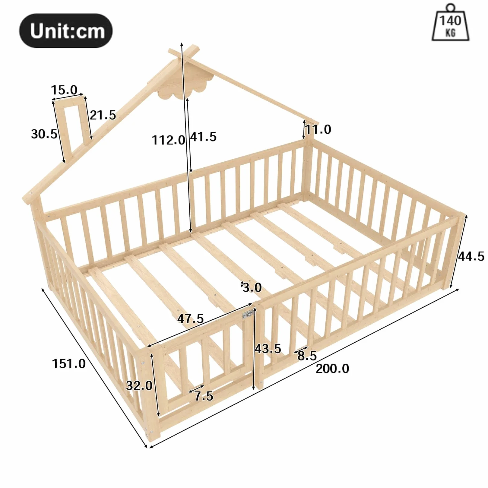 PUGSDRLY Lit Cabane Enfant 140x190cm avec Barriere et Serrure,Lit Montessori au Sol avec Sommier à Lattes,Cadre en Bois de Pin pour Enfant,sans Matelas (Naturel, 140x190)