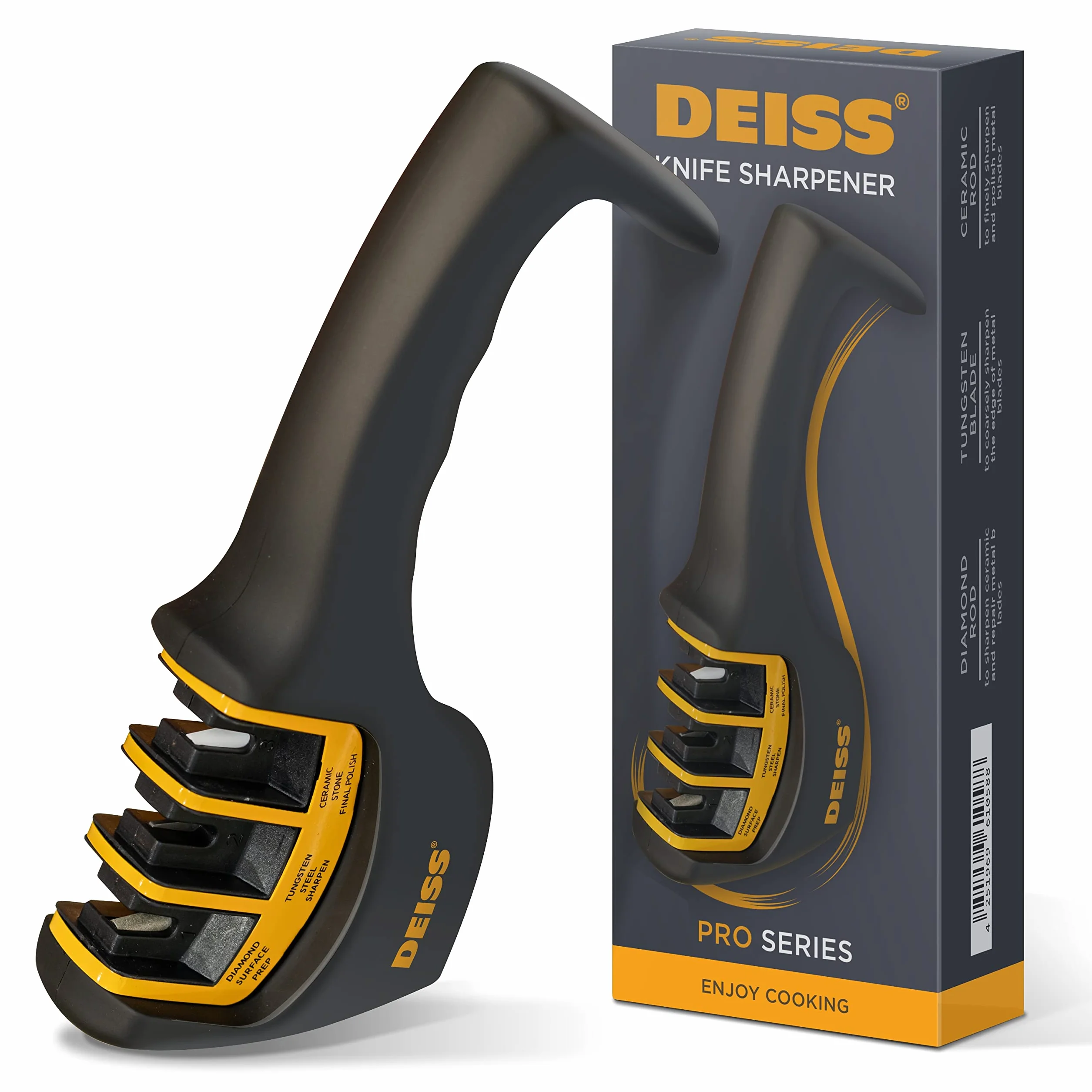 Deiss PRO Aiguiseur de couteaux 3 étapes manuel professionnel pour lames de cuisine, poche, chasse et céramique (ORANGE)