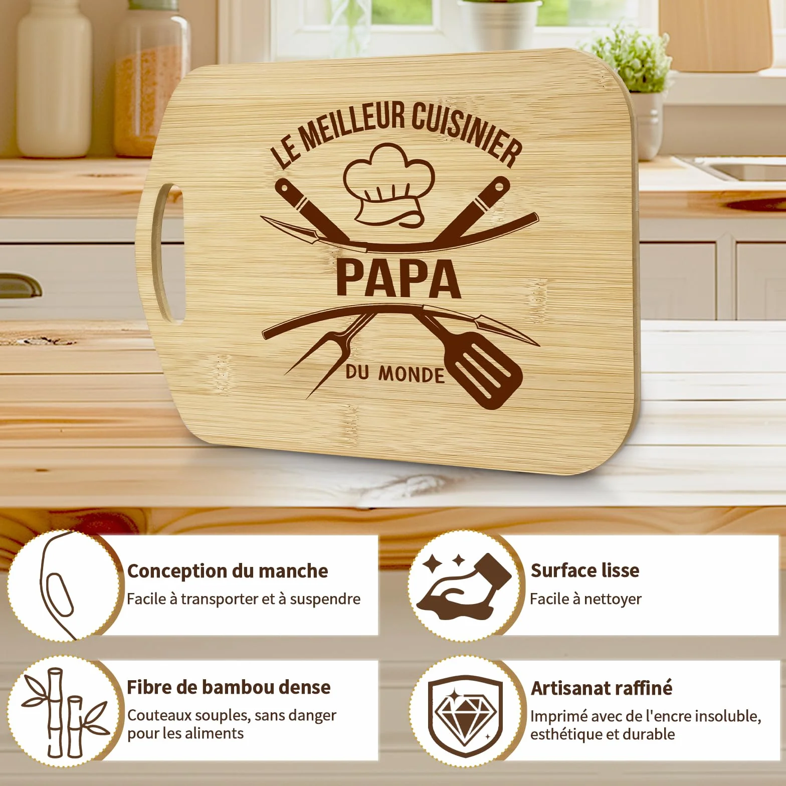 Planche à Découper en Bambou Cadeau Fête des Pères Original