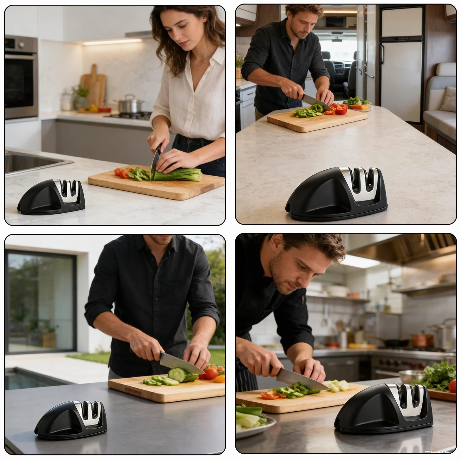 Aiguiseur de Cuisine Professionnel Manuel 2 en 1 pour Couteaux Acier Inoxydable et Céramique, Base Anti-dérapante Noir