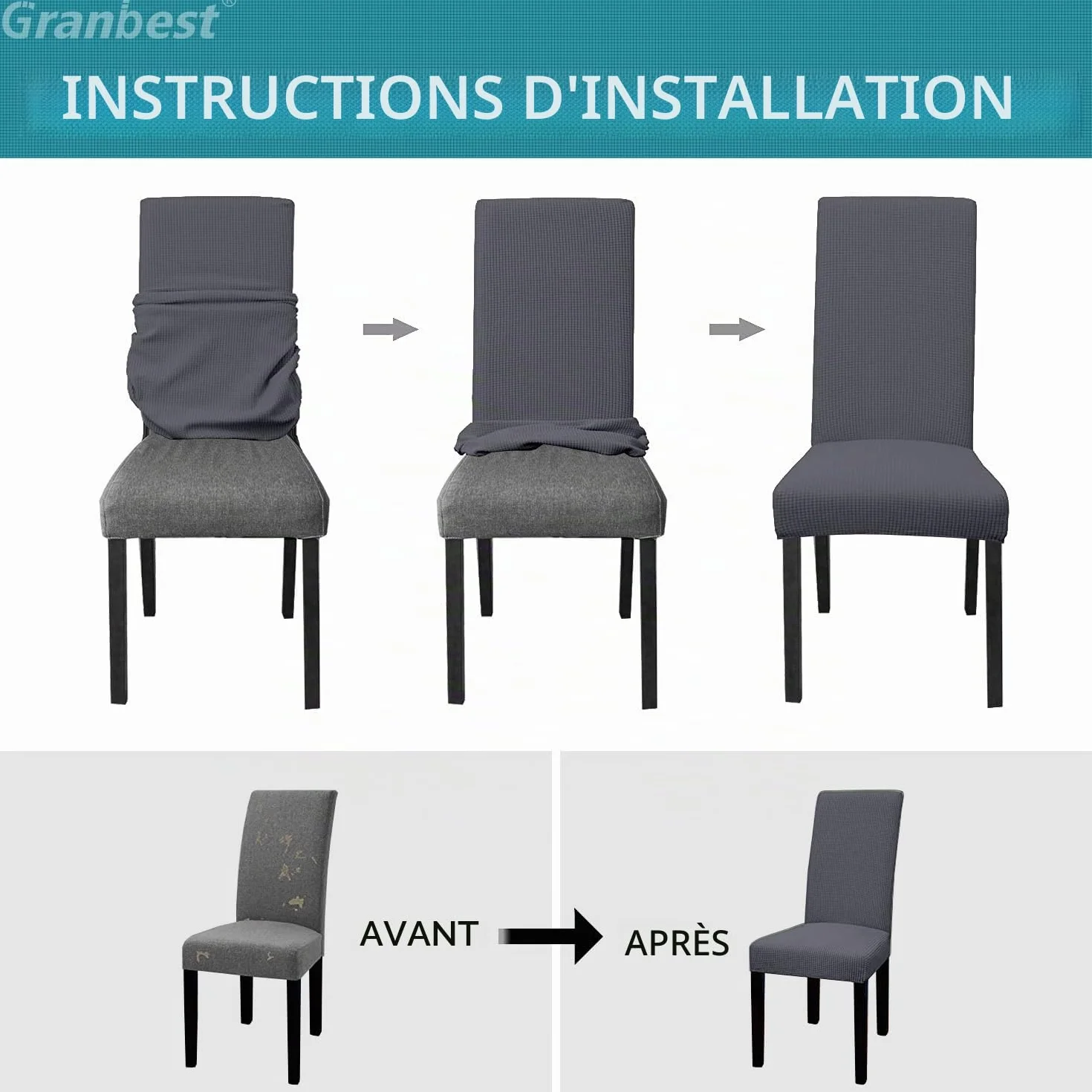 Granbest Lot de 4 Housses de Chaise de Salle à Manger Haute Extensibilité, Ajustement Universel, Gris