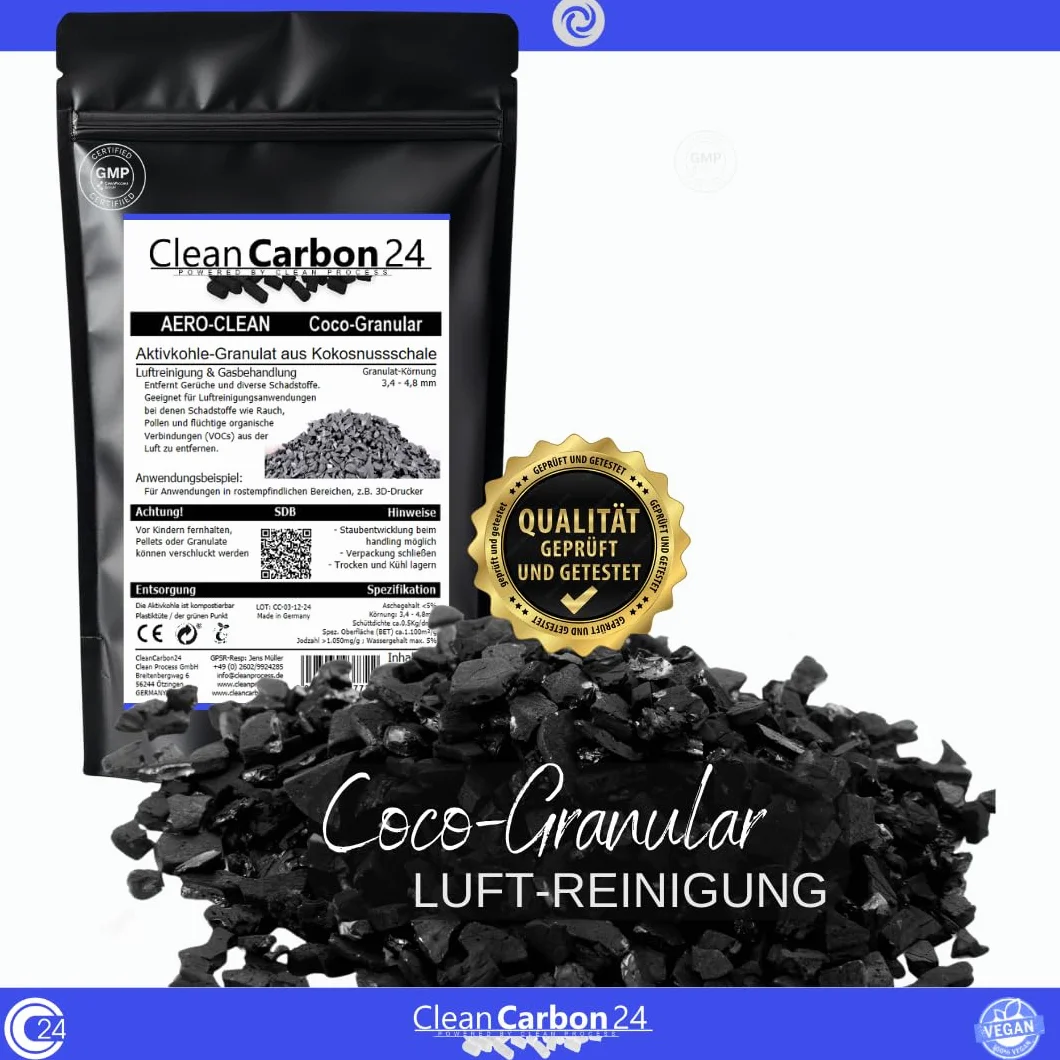 5 litres de charbon actif en coques de noix de coco pour la purification de l'air (3,4-4,8mm / 4x6mesh)