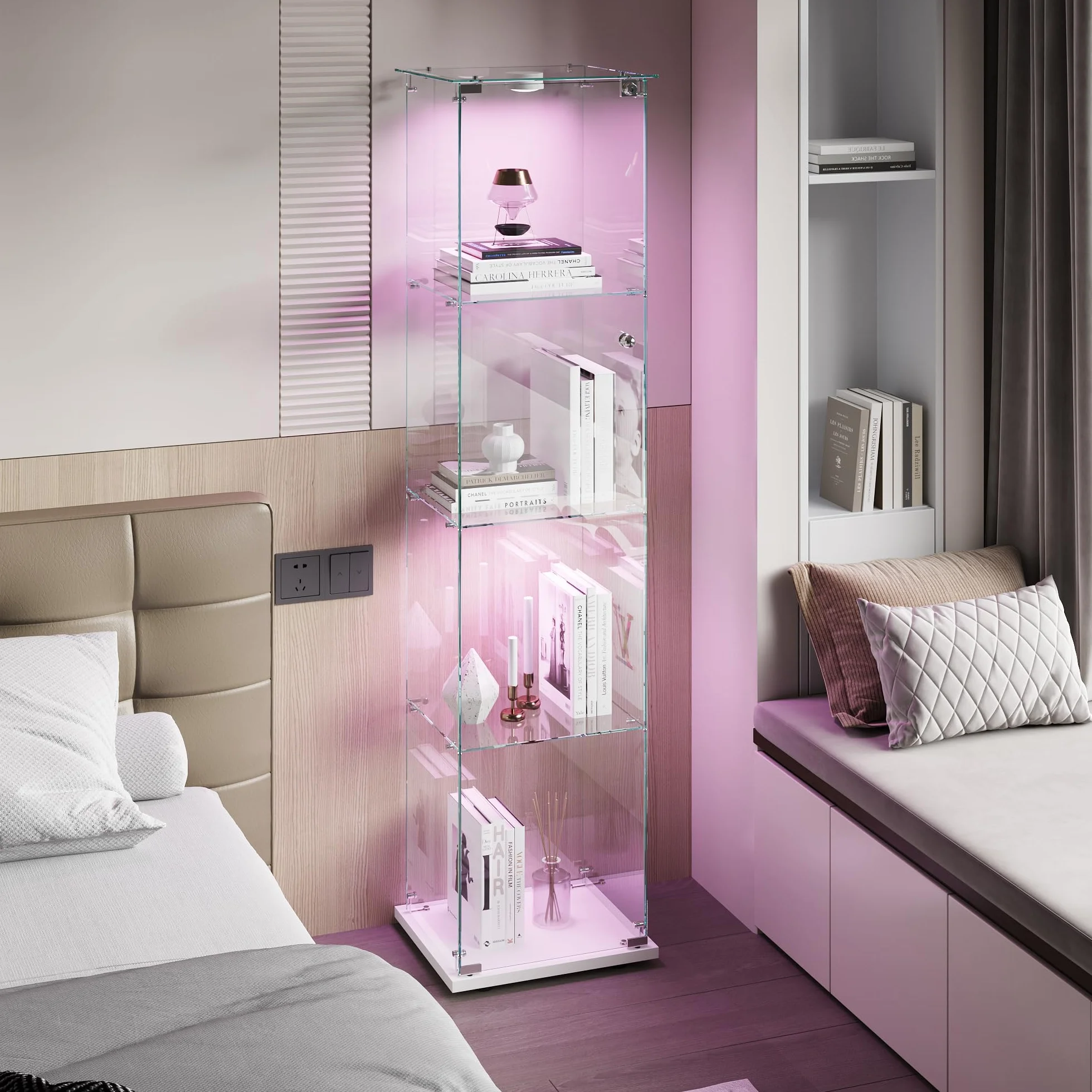 Meuble Vitrine Verre, Vitrine Verre 4 Layers Armoire Vitrineavec Serrure 163x35x39.8 cm VitrineVerre LED Vitrineen VerrePour Collection avec Porte Meuble VitrineSalon Transparent (Blanc A)