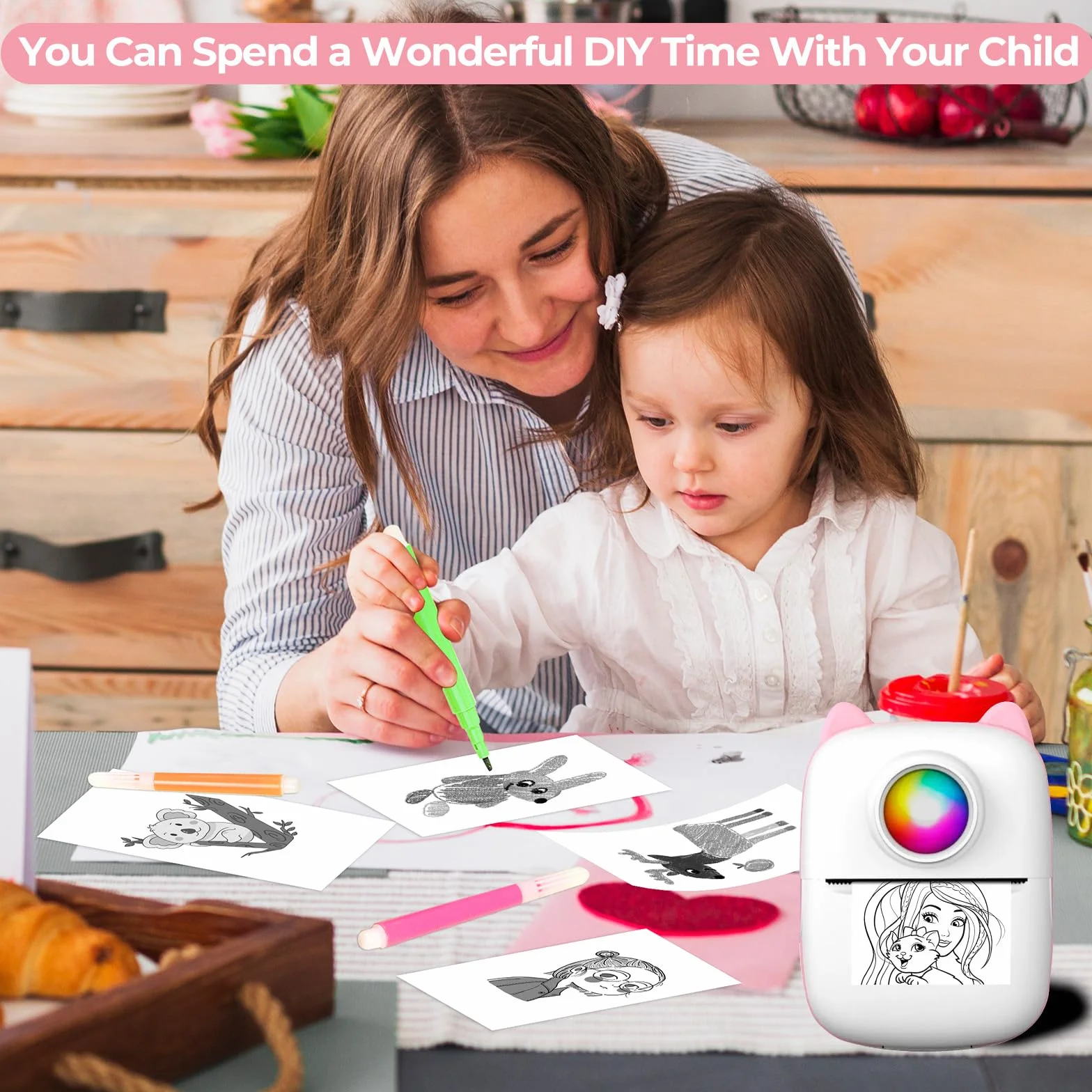 Mini Imprimante Portable Bluetooth Thermique sans Encre pour iOS Android Notes Photos Journal Étiquettes Rose