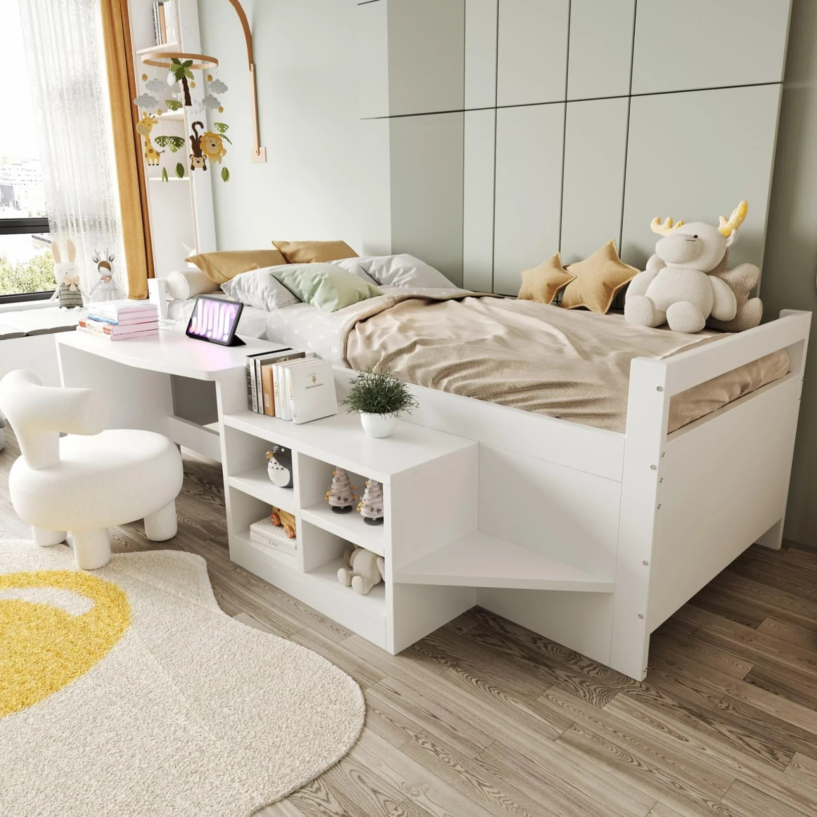 Lit Une Place 90x200cm,Lit 1 Personne avec Bureau,Prises électriques,4 Compartiments de Rangement,Sommier à Lattes Solide,pour Garçons Filles(A-Blanc, 90x200)