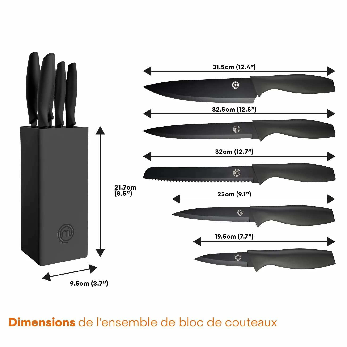 MasterChef Couteaux de Cuisine avec Bloc, Acier Inoxydable, Noir