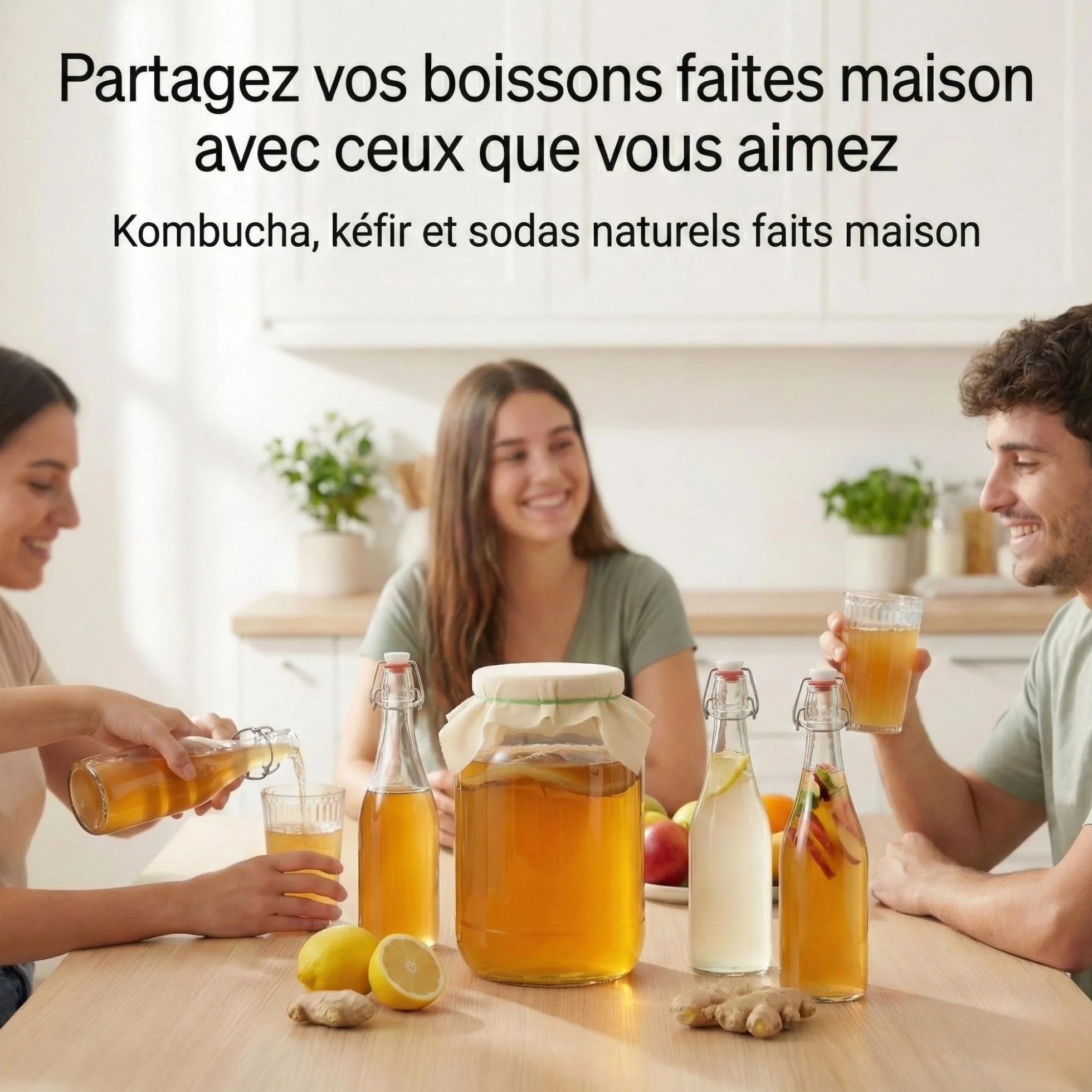 myFERMENTS Kit Préparation Boissons Probiotiques - Set de Fermentation pour Bière, Kefir - 6 Grands Bocaux en Verre de 4L, Bouteille de 750ml avec Joint Hermétique, Entonnoir 10cm, Tissu Mousseline