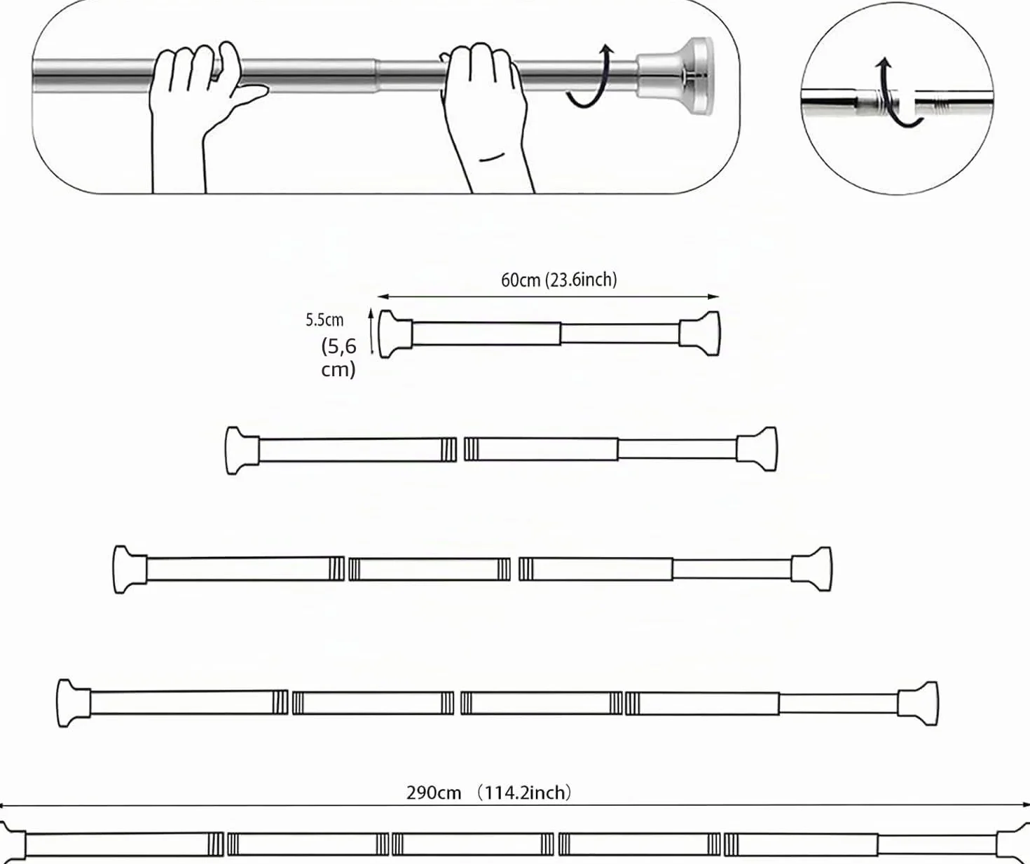 Tringle à rideau télescopique en acier inoxydable 50-200 cm Noir sans perçage