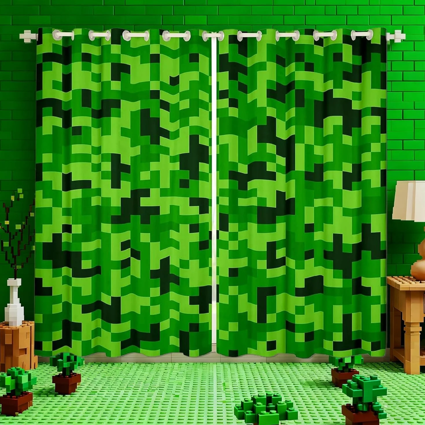 Rideaux Occultants Jeux Vidéo Pixelisés Verts Décoration Chambre Enfants
