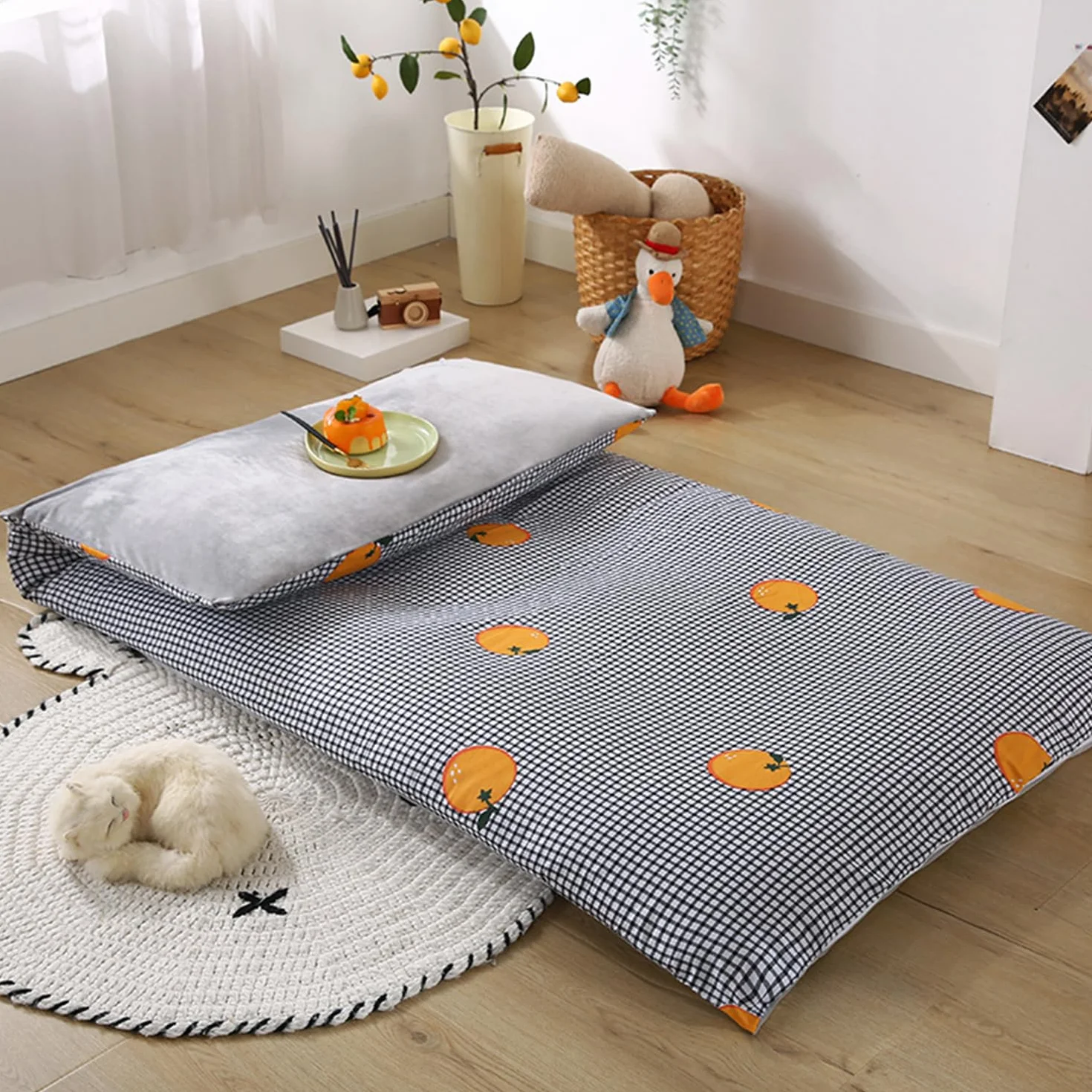 Couvre-Matelas Futon Lavable en Machine, Housse 100% Coton avec Fermeture Éclair, 90x190cm pour Matelas Futon Japonais Traditionnel