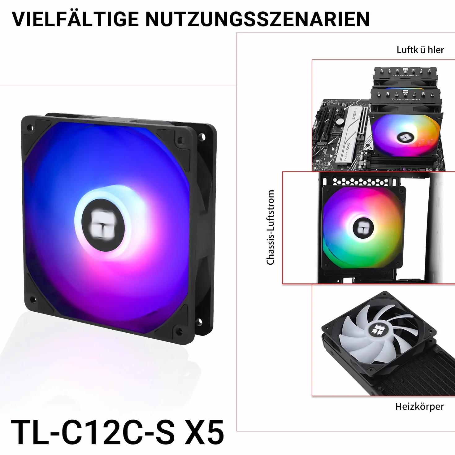 TR-Thermalright TL-C12C-S X5 120 mm CPU PWM ARGB wentylator, 1550 RPM Silent Cooling, czarny wentylator CPU, 5 sztuk, można sparować z obudową / chłodnicą procesora