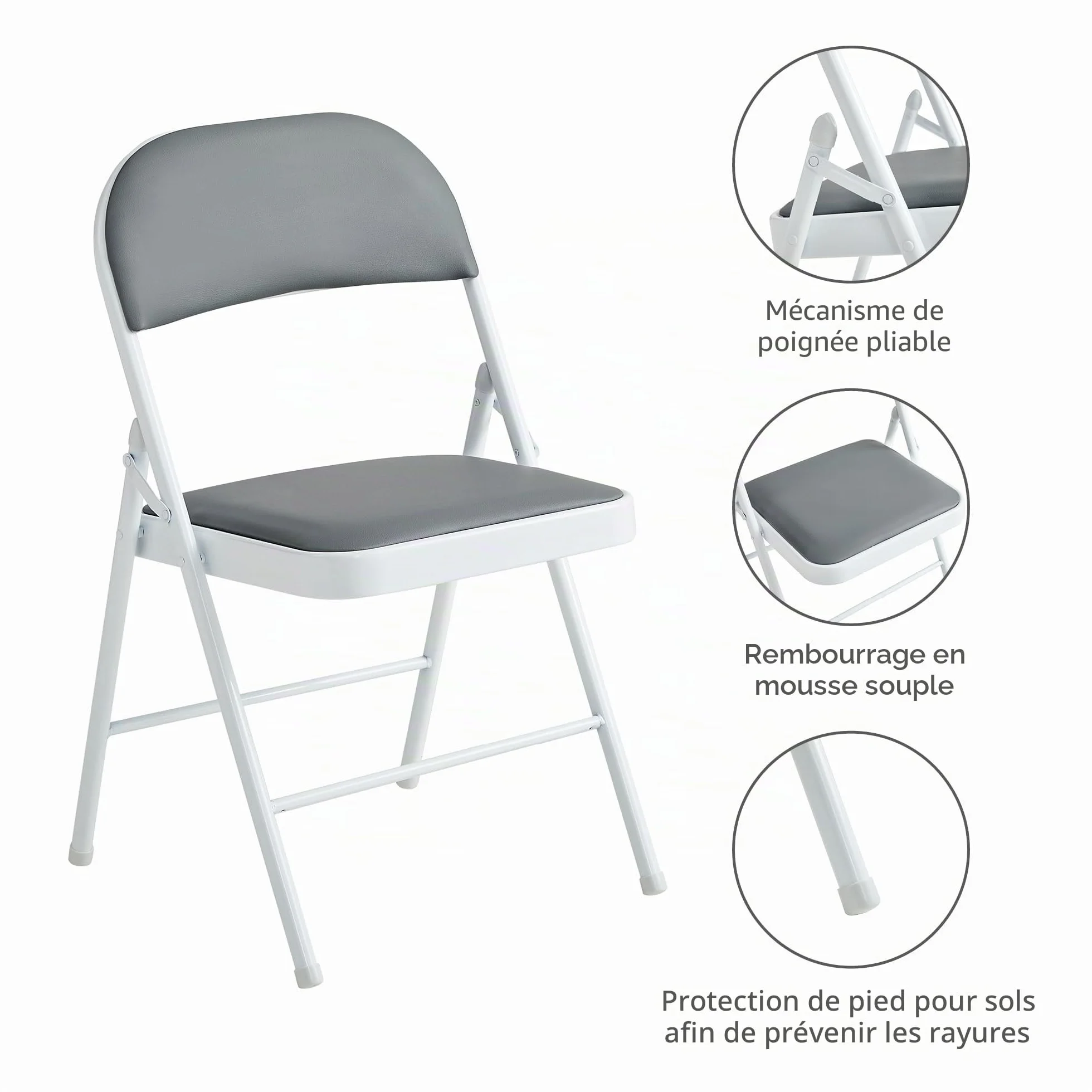McC Direct Lot de 4 chaises pliantes en similicuir cadre métal siège rembourré facile rangement adaptées maison, bureau, salle à manger, réception (gris)
