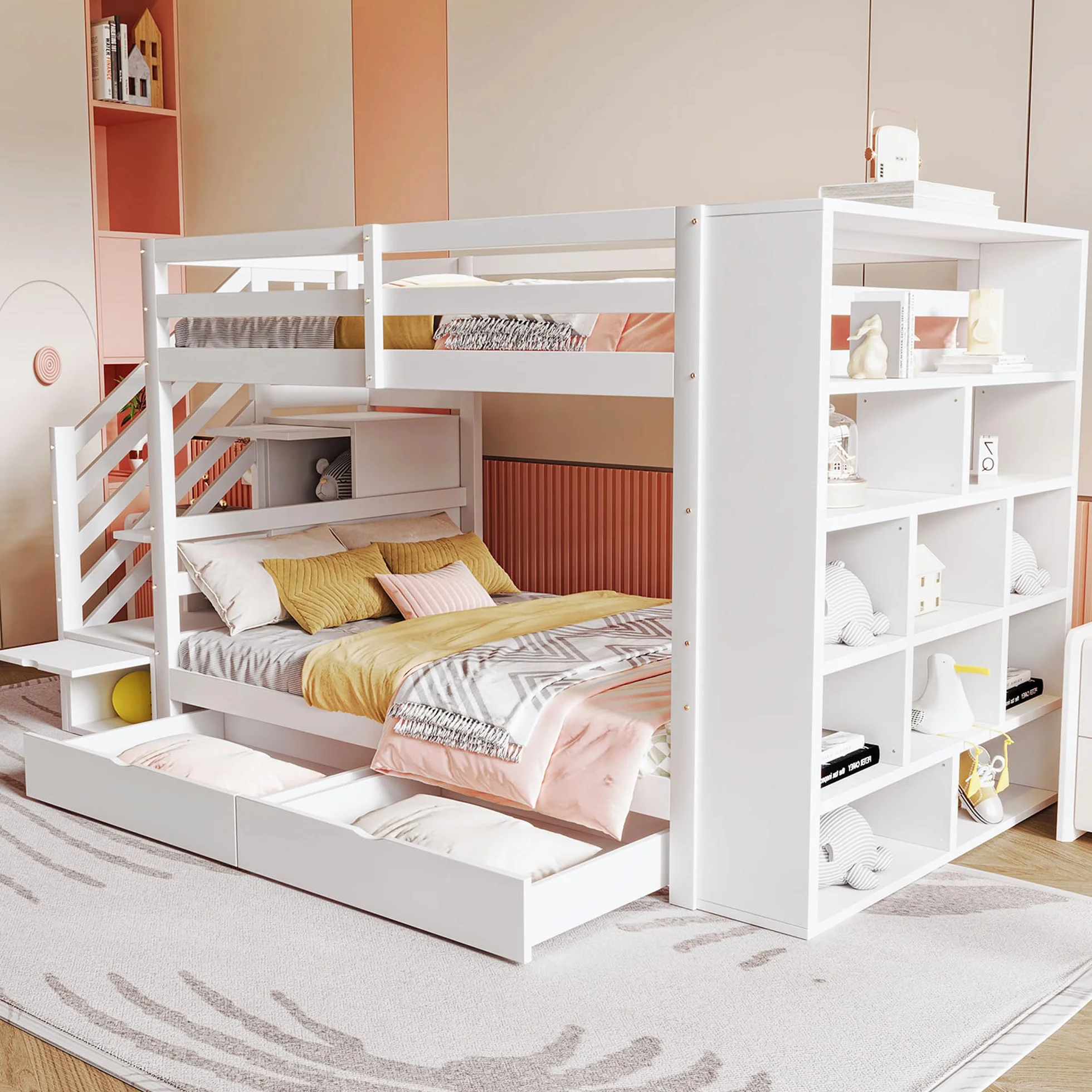 Sapgaks Lit superposé Enfant avec tiroirs et Grands casiers,Lit Enfant 90x200 cm avec échelle de Rangement,lit cabane Enfants avec clôture Haute,avec sommier à Lattes (C-Blanc)