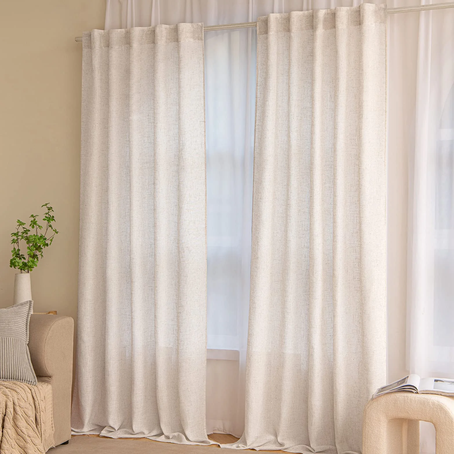 MIULEE Rideau Voile Modernes en Lin Translucide pour Deux Portes de Balcon Rideaux pour Salon Chambre à Coucher Lot de 2 Lin Naturel Blanc HxL 245x140 cm