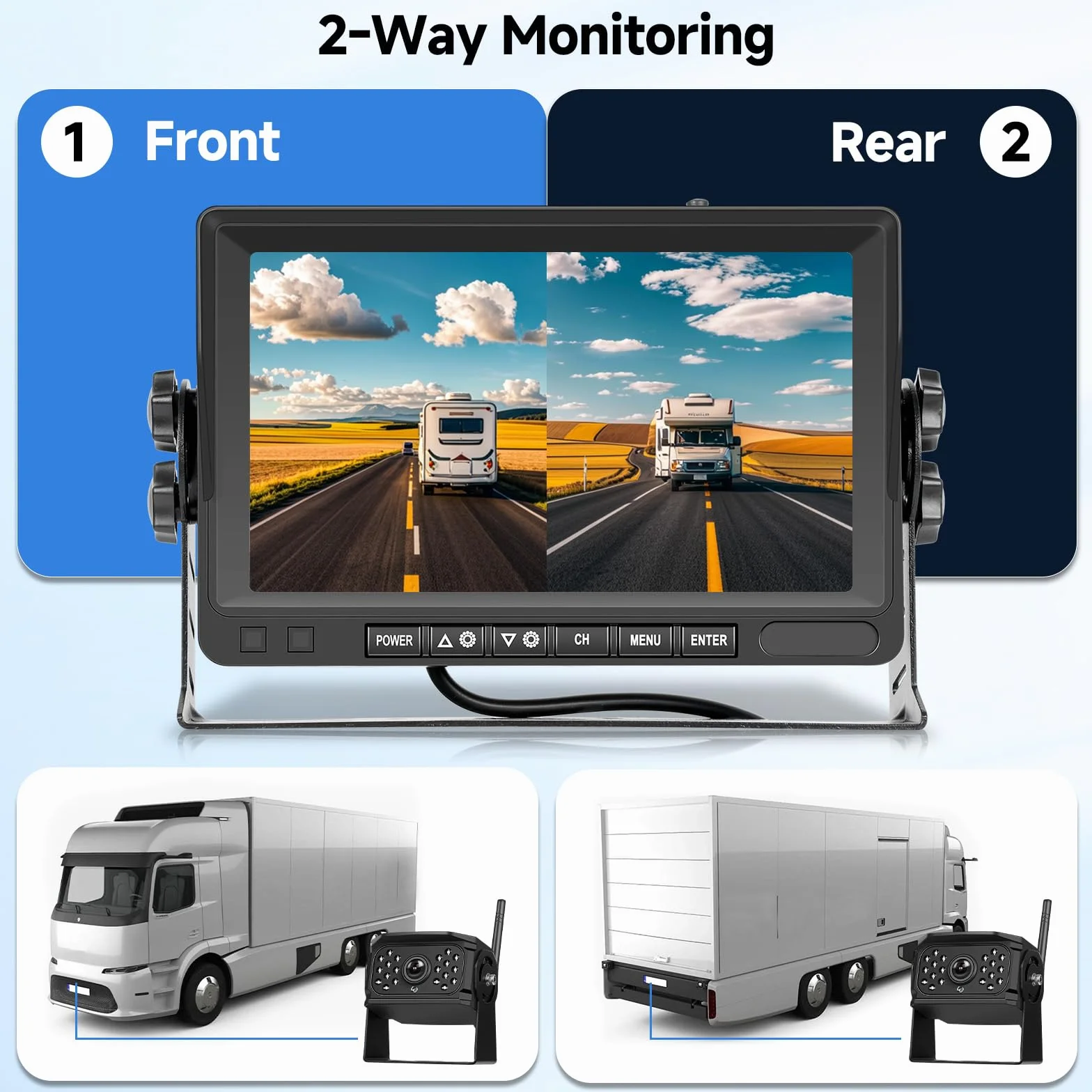 VECHTEL Bezprzewodowa kamera cofania 1080P z 7-calowym monitorem IPS, zestaw DVR+2 x kamera cofania samochodu, IP68, noktowizor, linie jazdy DIY, do ciężarówek, autobusów, Van, kamperów, SUV,