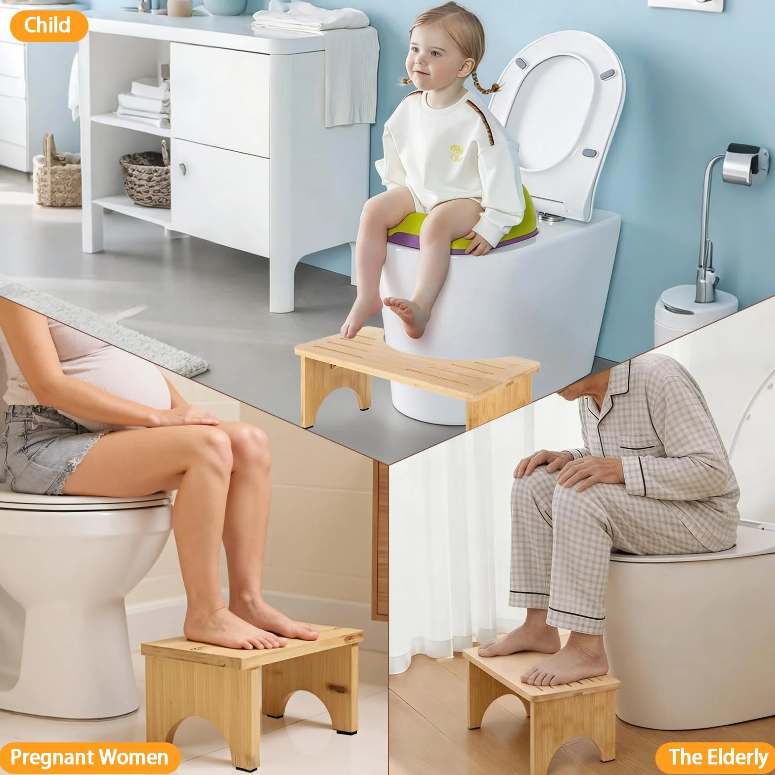 Tabouret Toilette Pliable en Bois, Marche Pied Toilette Tabouret WC, Ergonomique Repose Pied Toilette Stable Antidérapant et Portable, pour Adultes et Enfants