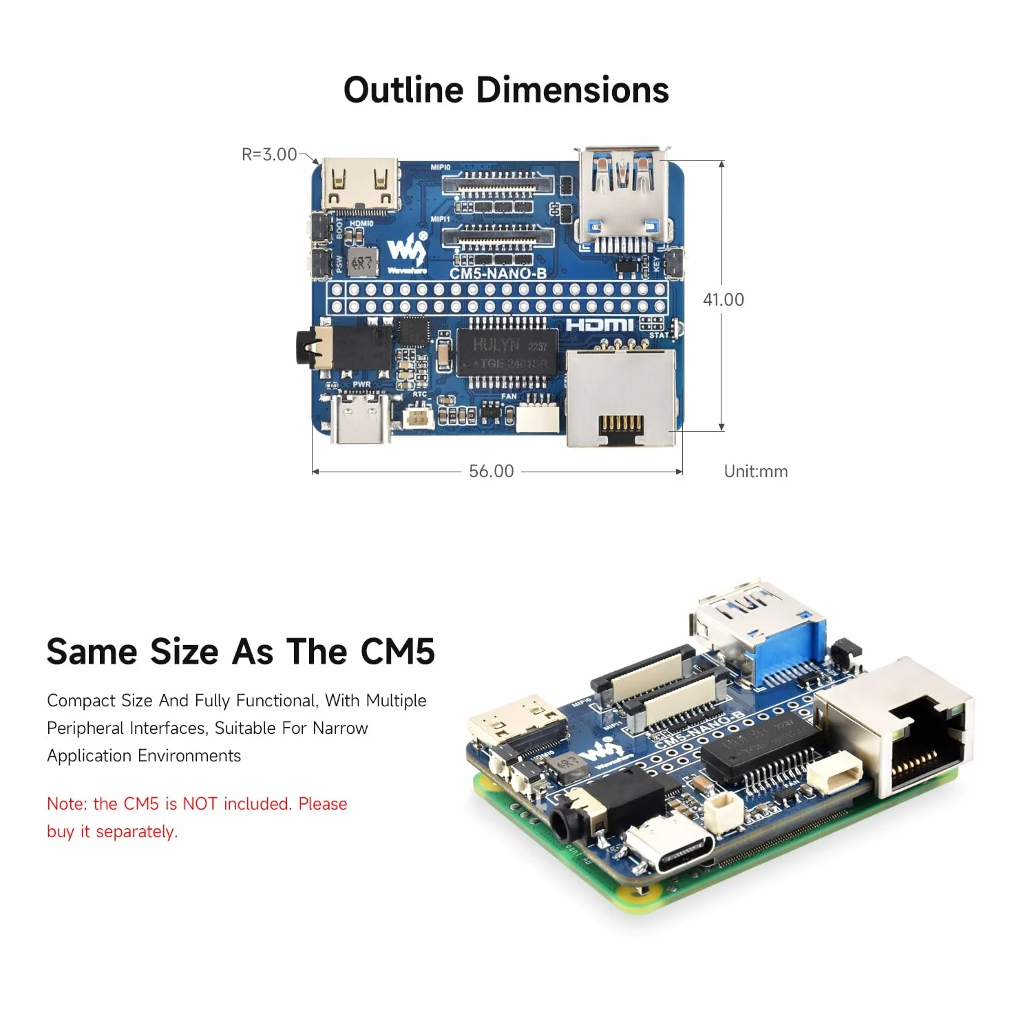 Waveshare Nano Base Board (B) For Raspberry Pi Compute Module 5, Same Size As The CM5