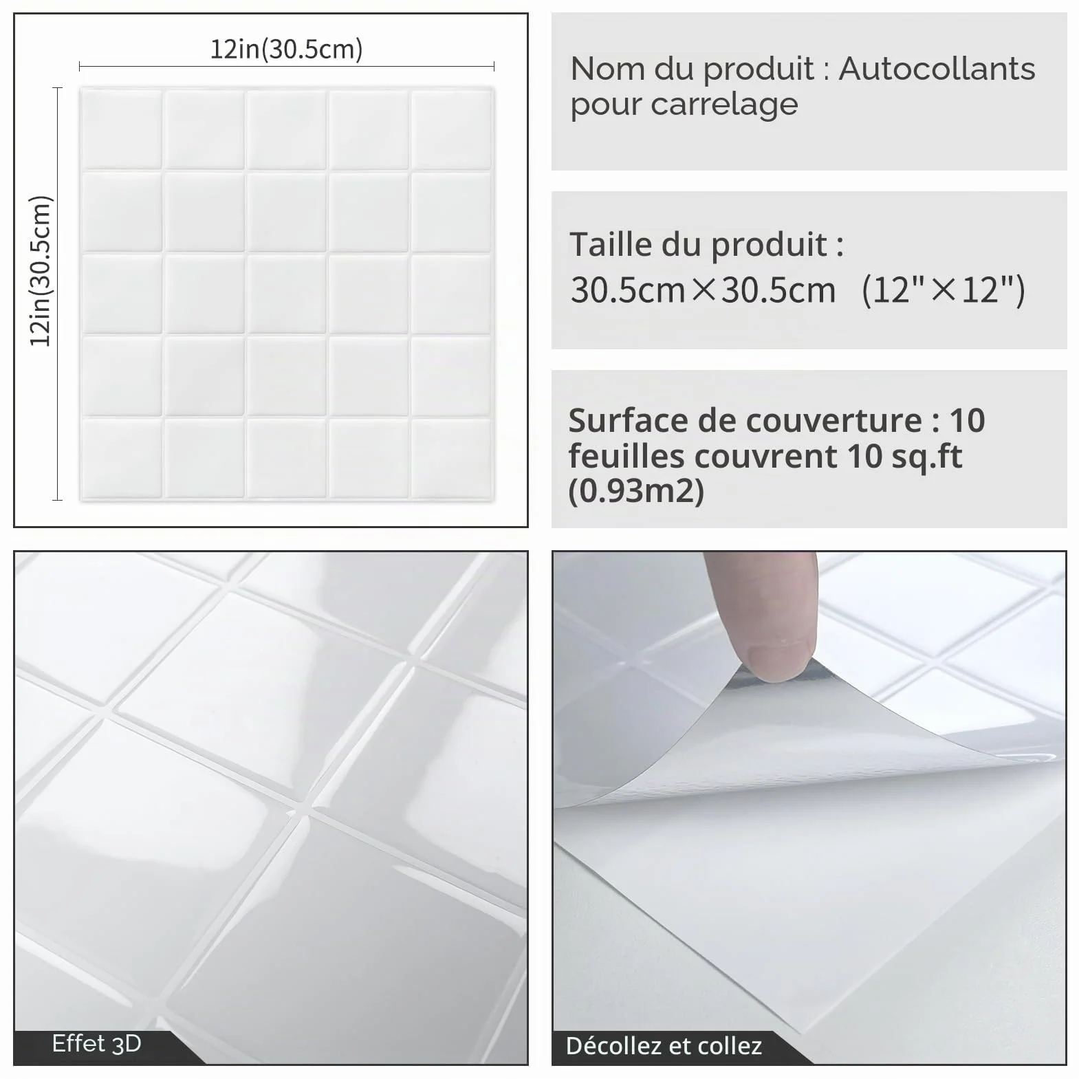 DEWOO Carrelage Adhésif Mural Blanc 30.5x30.5 cm 10 Pièces