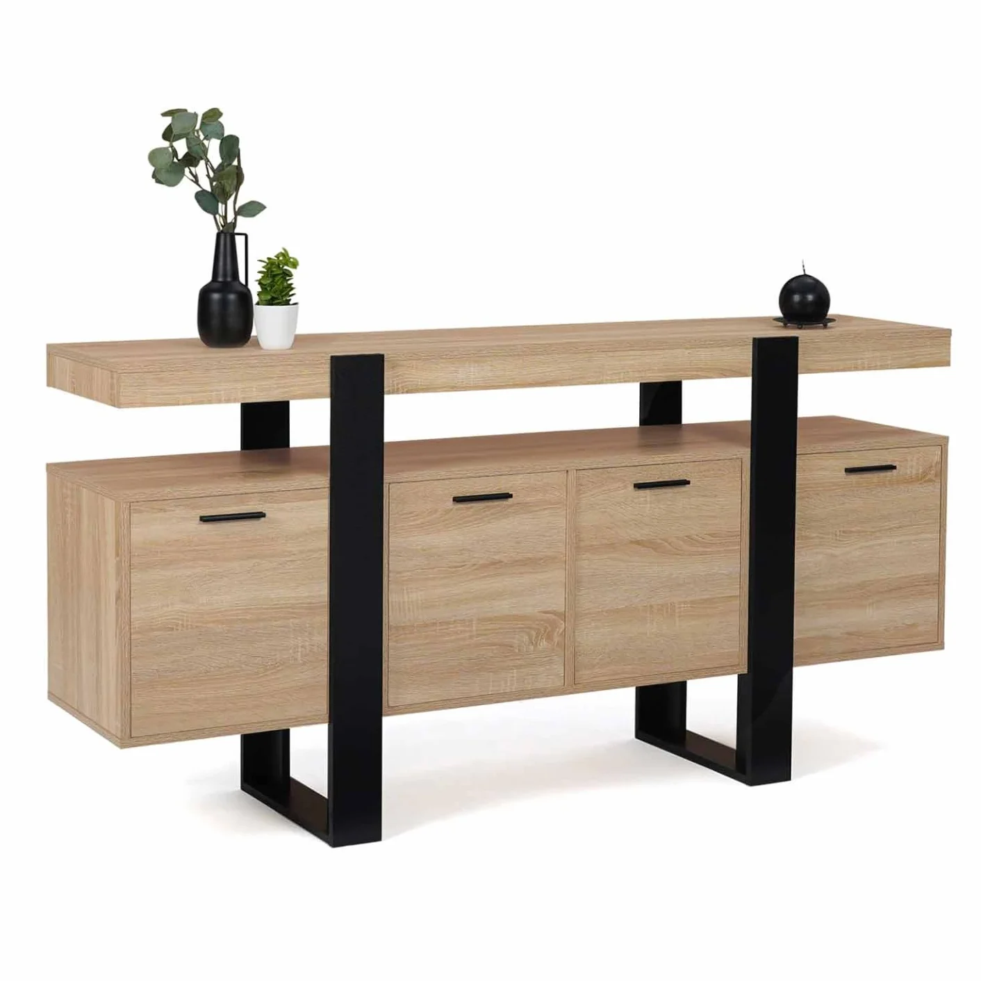 IDMarket - Buffet 160 cm Phoenix XXL 4 Portes Bois et Noir