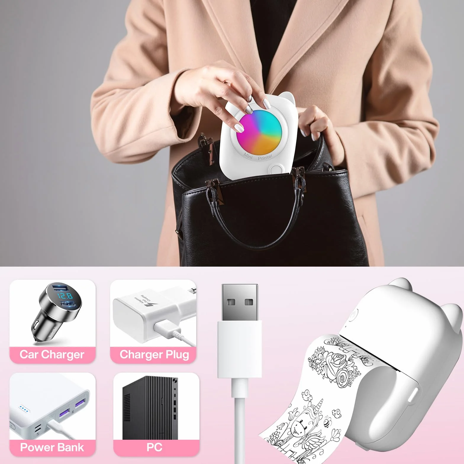 Mini Imprimante Photo Portable, Imprimante Thermique Instantanée sans Fil Bluetooth avec 14 Rouleaux de Papier pour iOS & Android