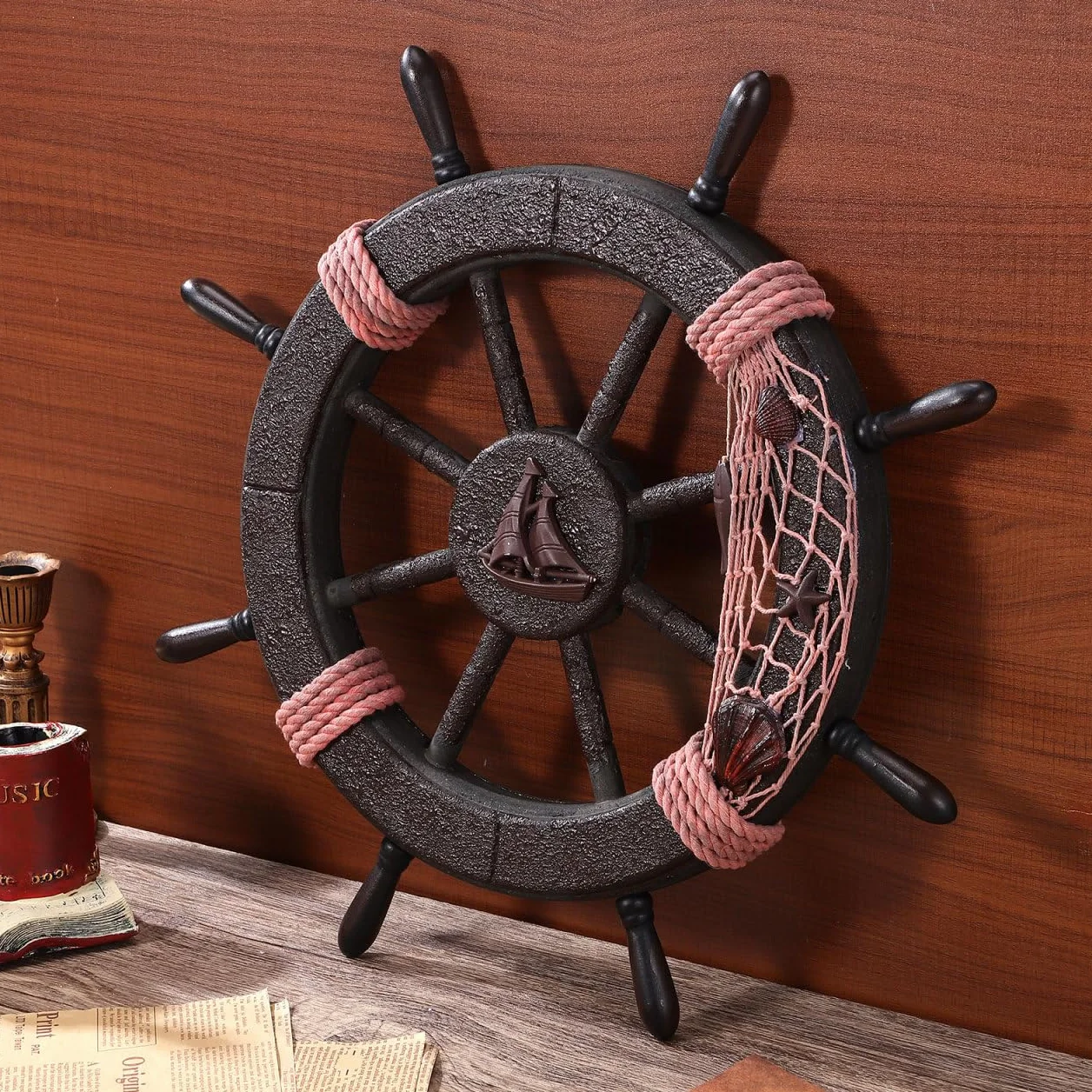 IMIKEYA Décoration Murale en Bois Forme Bateau Pirate - Volant Rustique - Ornement Nautique Suspendu Maison Bureau
