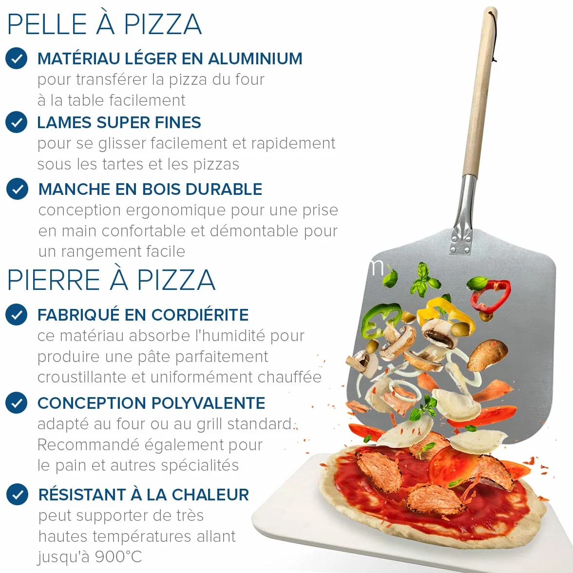joeji's Kitchen Pierre à Pizza Cordiérite 30 x 38 cm & Pelle Aluminium Manche Bois Amovible - Grill et Barbecue