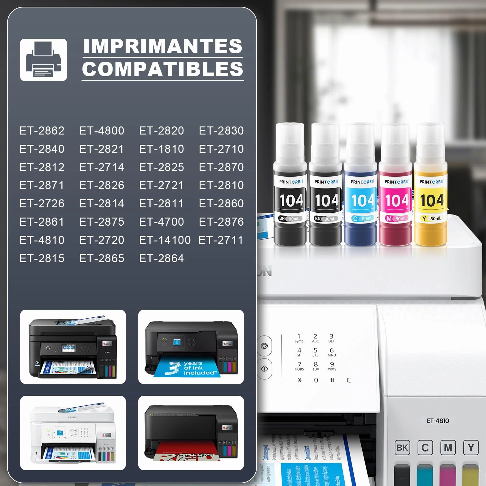 104 Encre Compatible pour Imprimante ET-2870 ET-2810 ET-1810 Multipack Bouteille