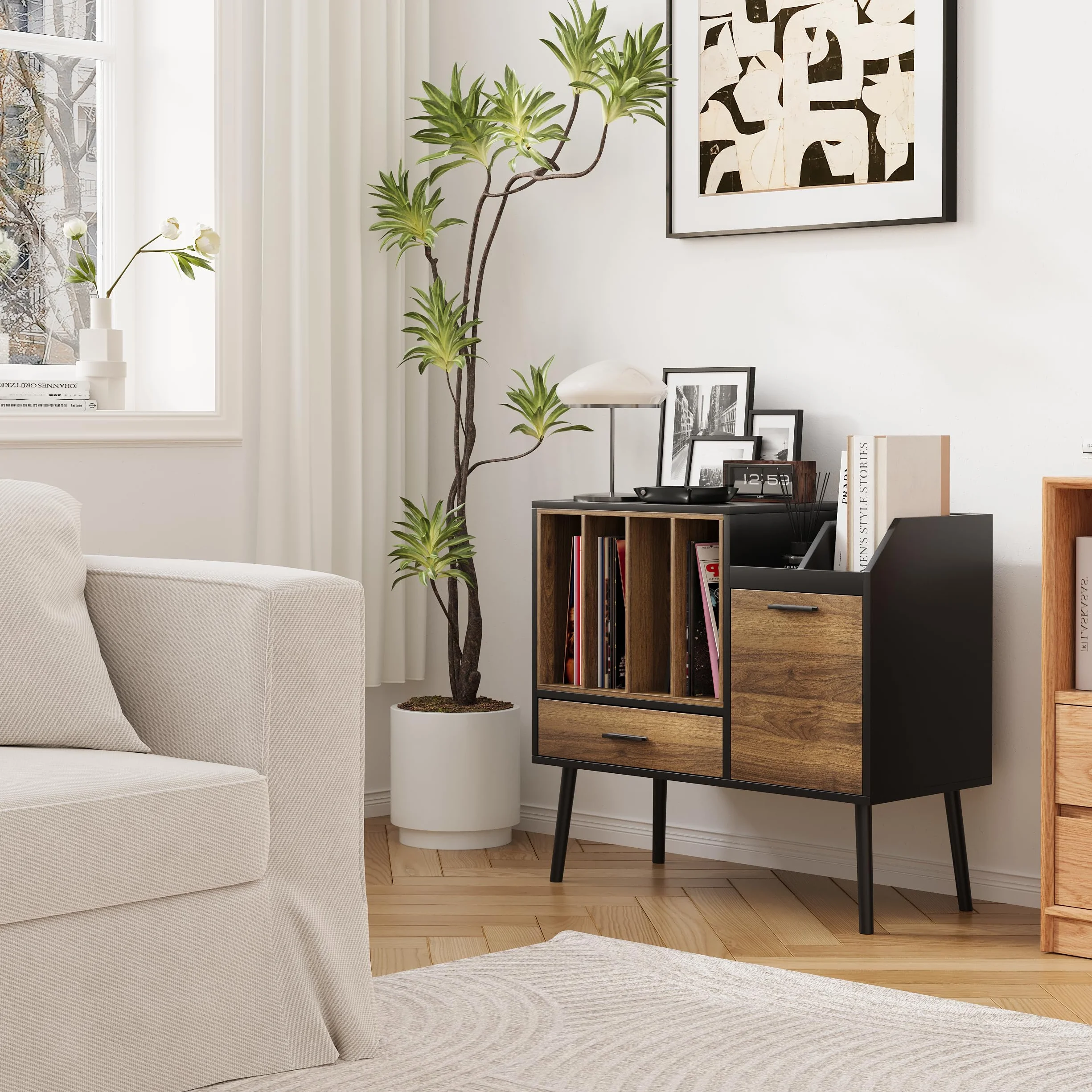 Semiocthome Support de Tourne-Disque avec Caisse en Vinyle, Table de Rangement avec tiroir et Pieds massifs, Plateau pour platines tournantes (Grande)