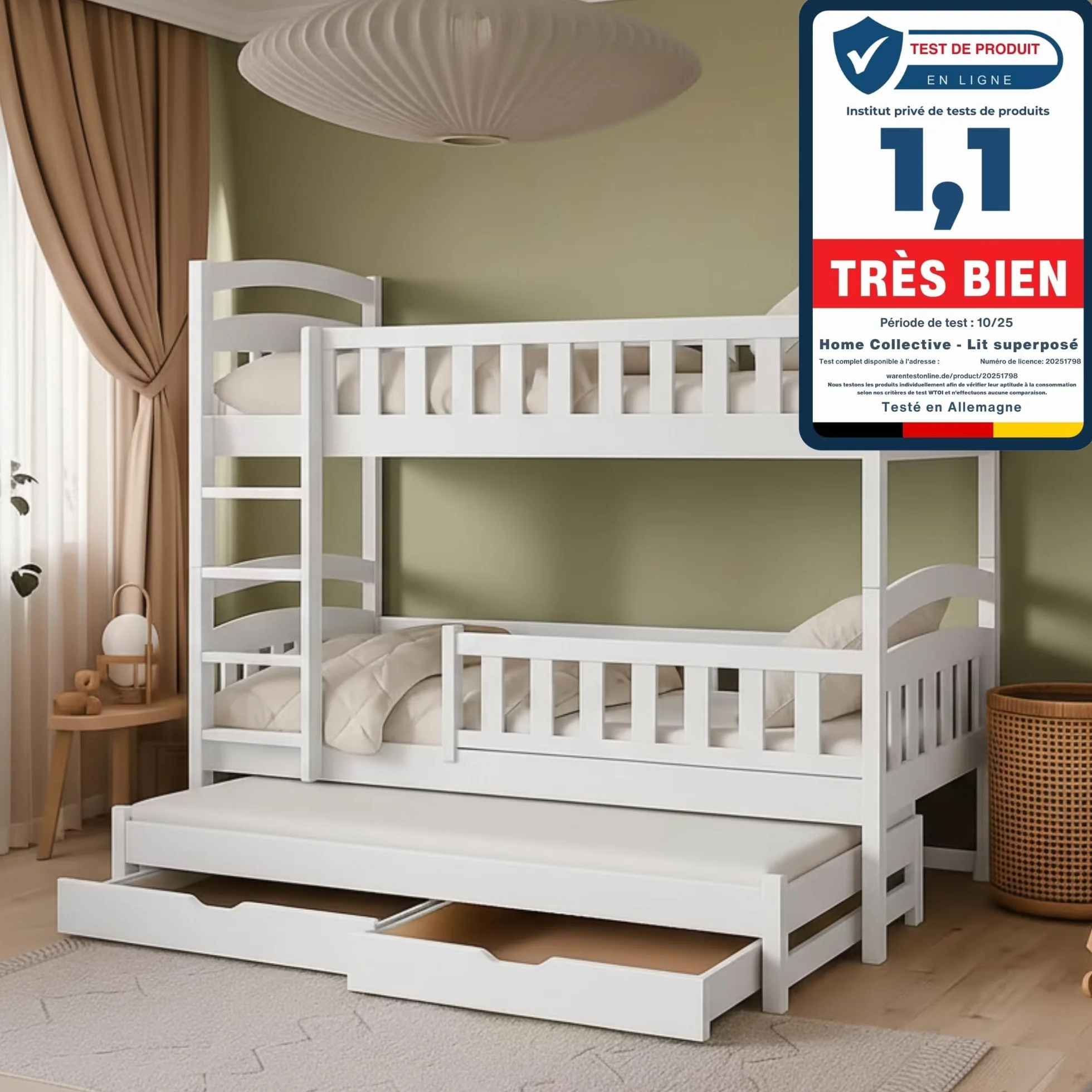 Kids Collective Lit superposé 90x200 pour Enfants et Adolescents – 3 couchages avec barrière de sécurité et tiroirs, Convertible en 3 Lits Simples | de 4 à 16 Ans | sommiers Inclus | Blanc