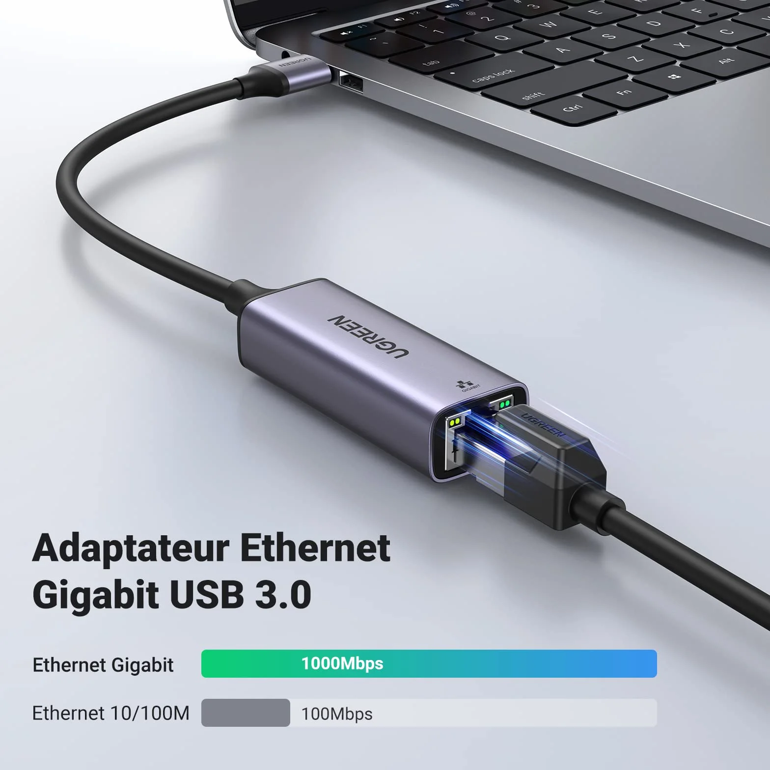 UGREEN Adaptateur USB vers Ethernet Gigabit 1000Mbps RJ45 Réseau Gris