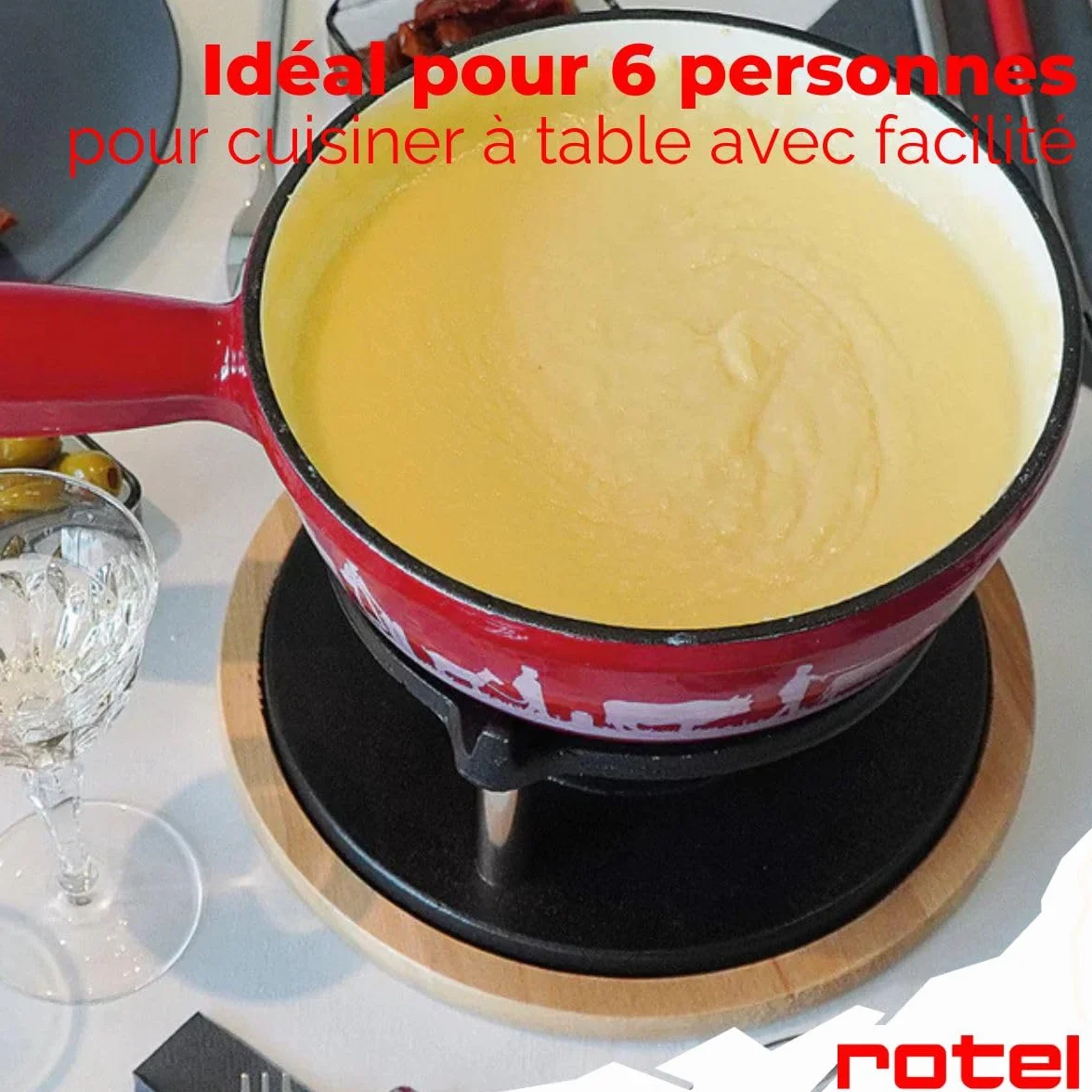 Rotel 1510150 Service à fondue au fromage, fondue traditionnelle Suisse, 2L, 6 personnes, set à fondue, Fonte d'aluminium, Bois, Plastique, Emaille, 21 x 31 x 17,2 cm, diamètre 21 cm