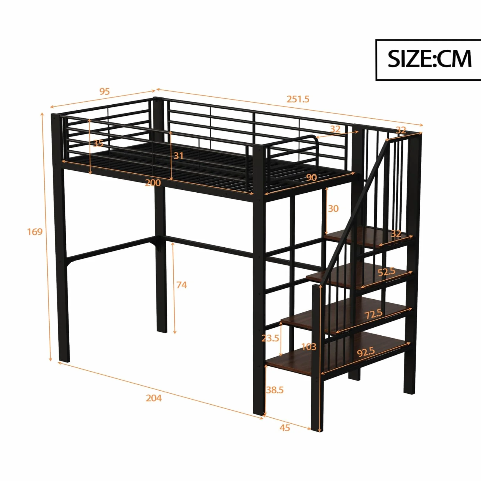 Lit Mezzanine 1 Place 90x200cm,Lit Mezzanine Enfants avec Grand Escalier de Rangement,Barrière Haute,Sommier à Lattes Solide,pour Enfants Adolescents(Noir 1,90)