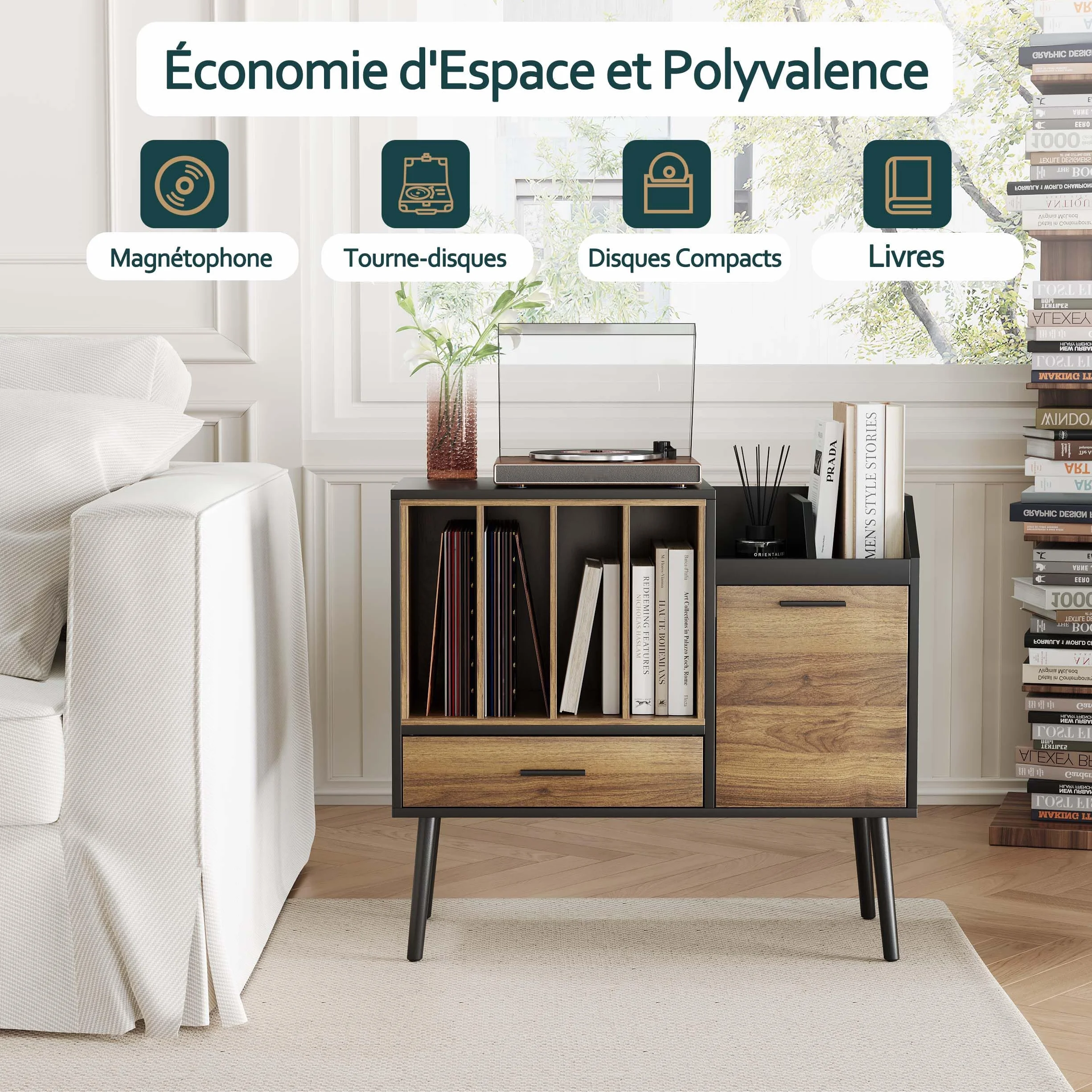 Semiocthome Support de Tourne-Disque avec Caisse en Vinyle, Table de Rangement avec tiroir et Pieds massifs, Plateau pour platines tournantes (Grande)