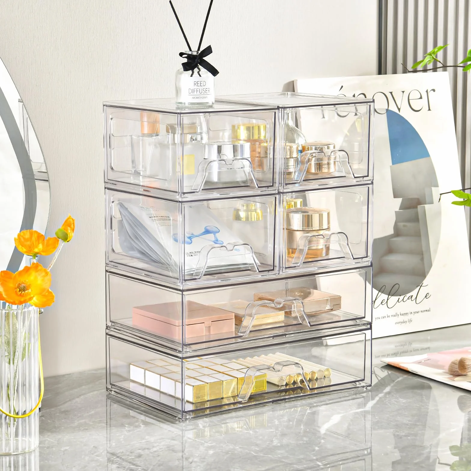 Lot de 4 Empilables Rangement Tiroir Organisateur Tiroir Salle de Bain en Acrylique Transparent Rangement Coiffeuse Organisateur,Idéal Pour La Organisateur Maquillage