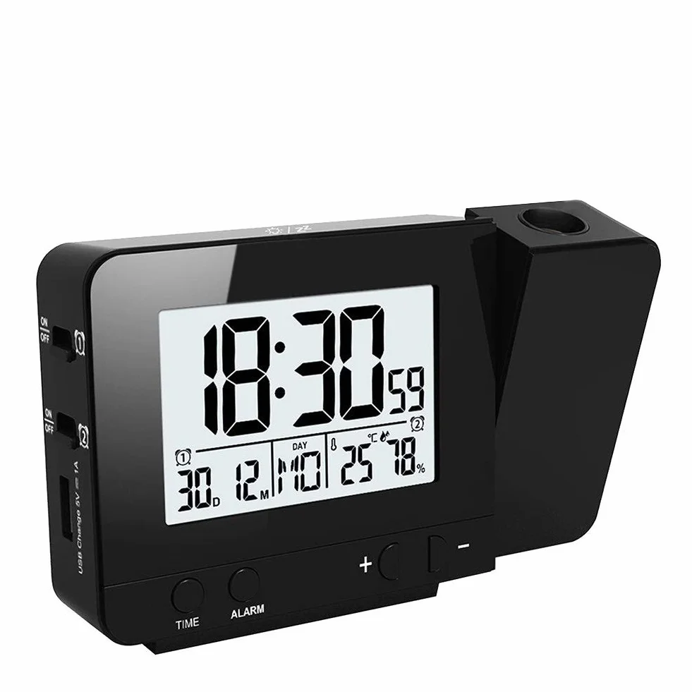Queta Projection Alarm Clock Digital Clock with Temperature, Dual Alarm, Humidity, Snooze, Timer, Calendar, USB Port Black