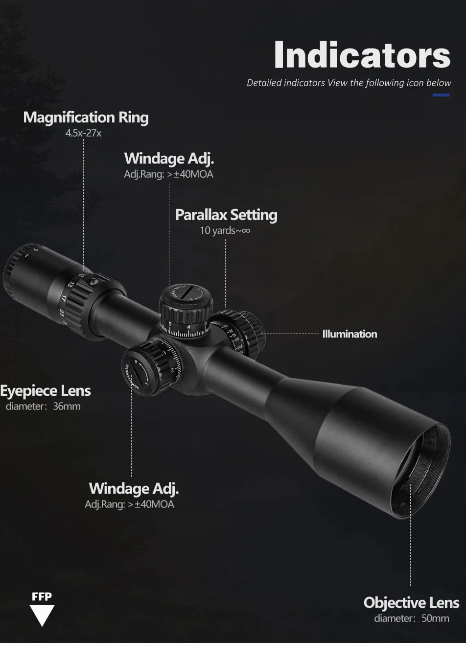 SPINA OPTICS HD 4.5-27X50 FFP Pierwsze lunety z płaszczyzną ogniskową, czerwono-zielony podświetlany zakres optyki celowniczej BDC pasuje do .308