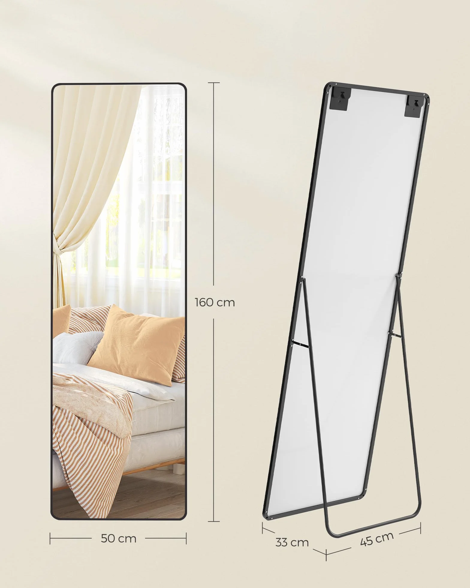 SONGMICS Miroir Intégral 165 x 50 cm Miroir Rectangulaire sur Pied Cadre en Alliage d’Aluminium Verre Trempé Noir d’Encre LFM030B01