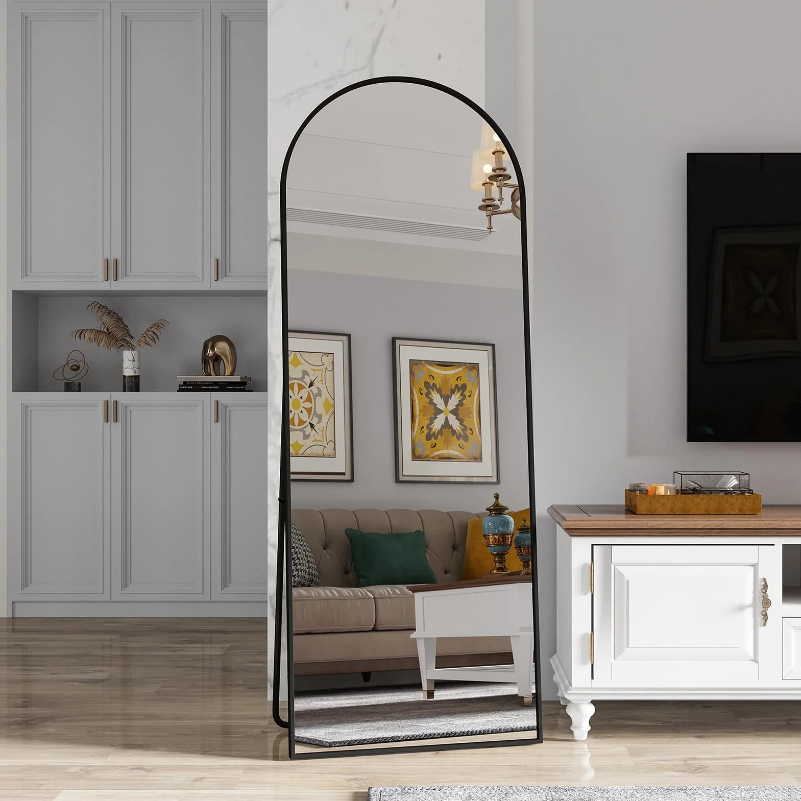 Miroir Complet bombé 165x60 cm sur Pied incurvé Mural Cadre Aluminium Noir