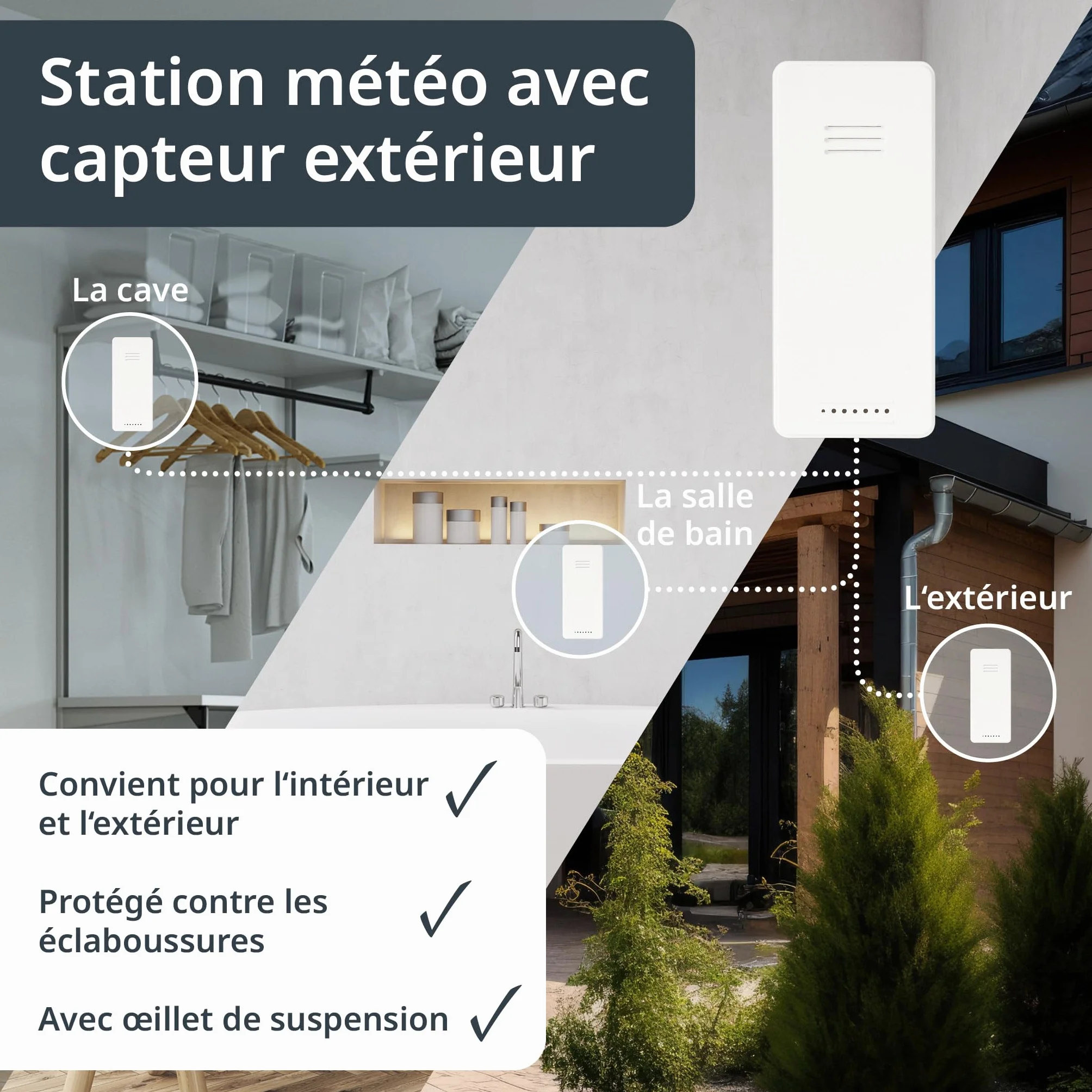 ADE Station météo intérieur avec capteur extérieur thermomètre hygromètre horloge DCF alarme écran LED noir