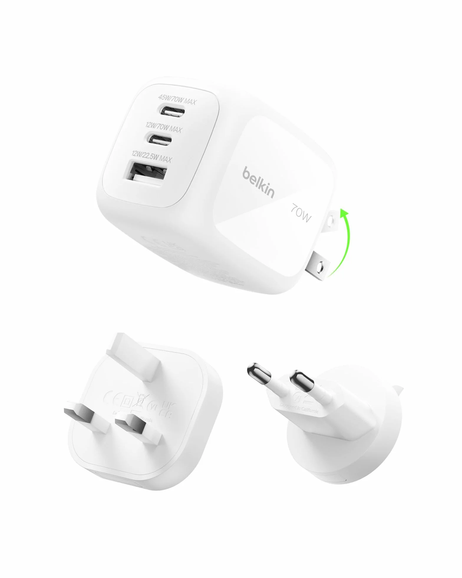 Belkin 3-portowa ładowarka USB-C GaN 70 W, 2 porty USB-C i 1 port USBA, końcówki wtyczek US/UK/UE, szybkie ładowanie urządzeń MacBook, iPhone, iPad Pro, Samsung Galaxy, Google Pixel i innych – Biała