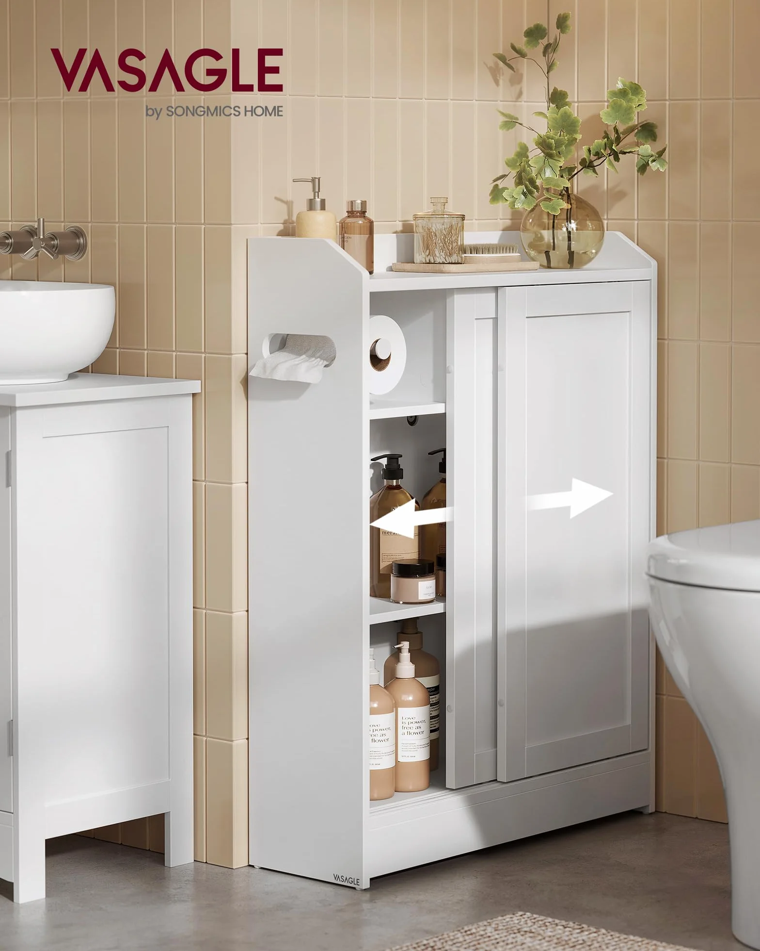 VASAGLE Meuble WC, Meuble Toilette, pour Salle de Bain, Rangement Papier Toilette, pour Brosse WC, Portes Coulissantes, Étagères Réglables, à Côté des WC, 20 x 60 x 80 cm, Blanc Nuage BBC752W01