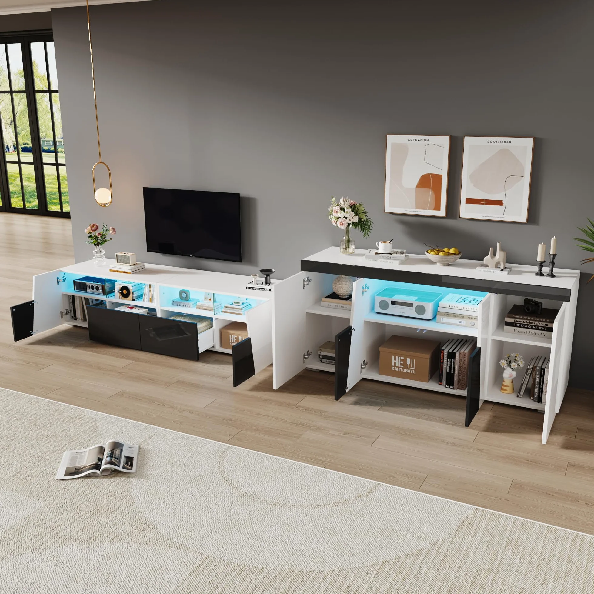 OKMYHOME Ensemble Meuble TV et Buffet avec LED Finition Haute Brillance 180 cm + 140 cm Blanc Noir