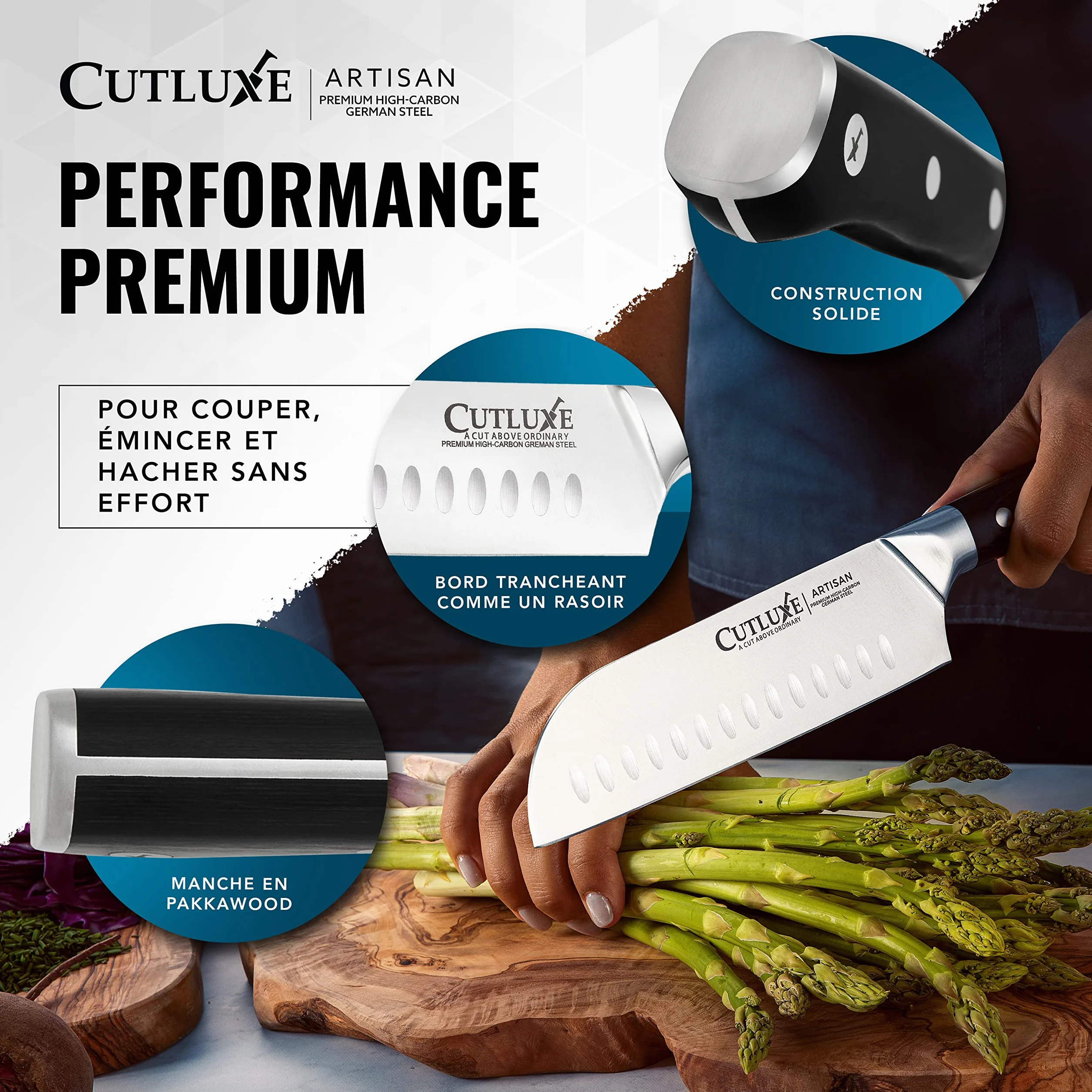 Cutluxe Couteau Japonais - 18 cm Couteau Professionnel Santoku Avec Fourreau - Lame Professionnelle en Acier Allemand à Forte Teneur en Carbone - Couteaux de Découpe pour la Cuisine - Série Artisan