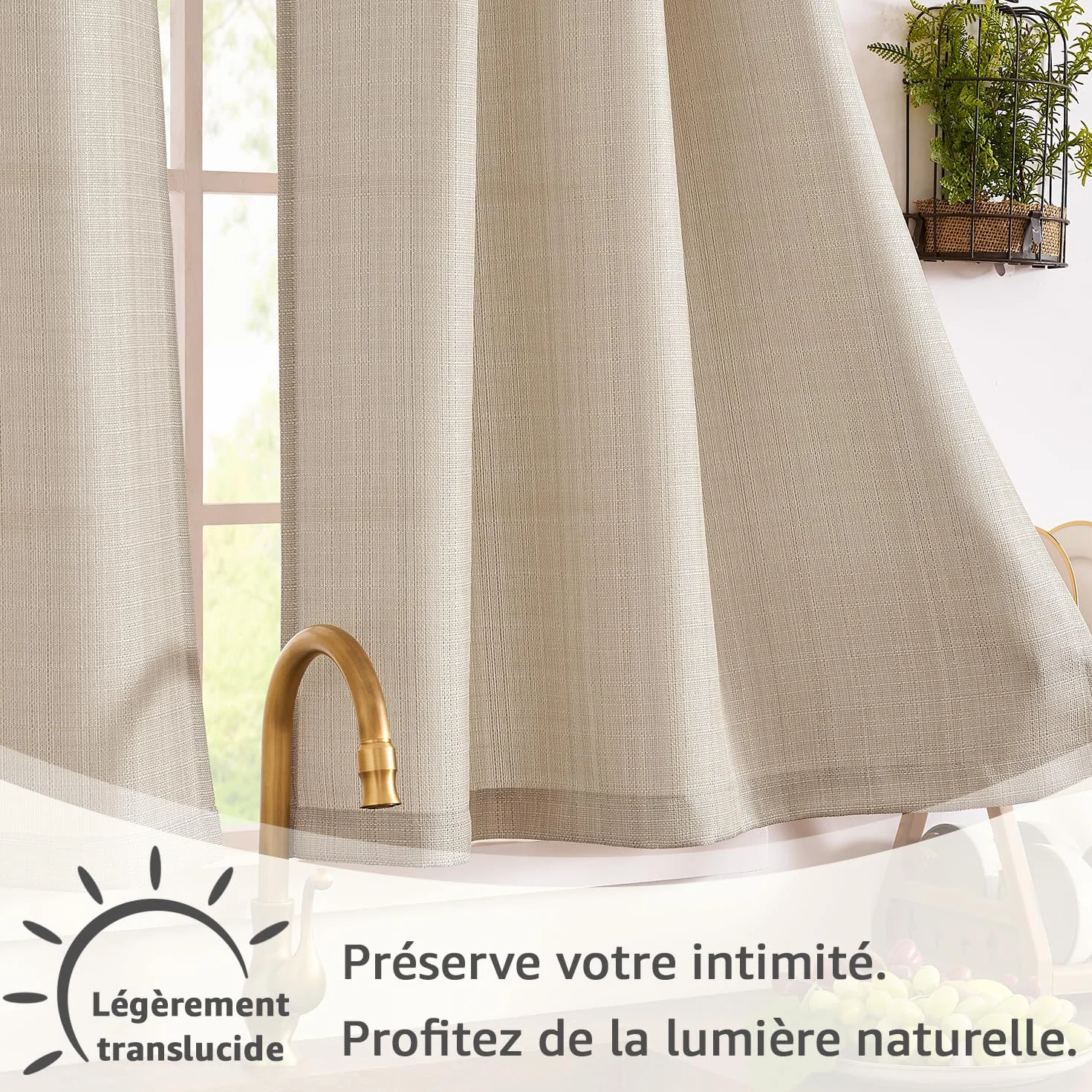 Rideaux Cuisine Court Beige 70L x 90H(cm) 2 Panneaux Passe Tringle Brise-Bise Moderne