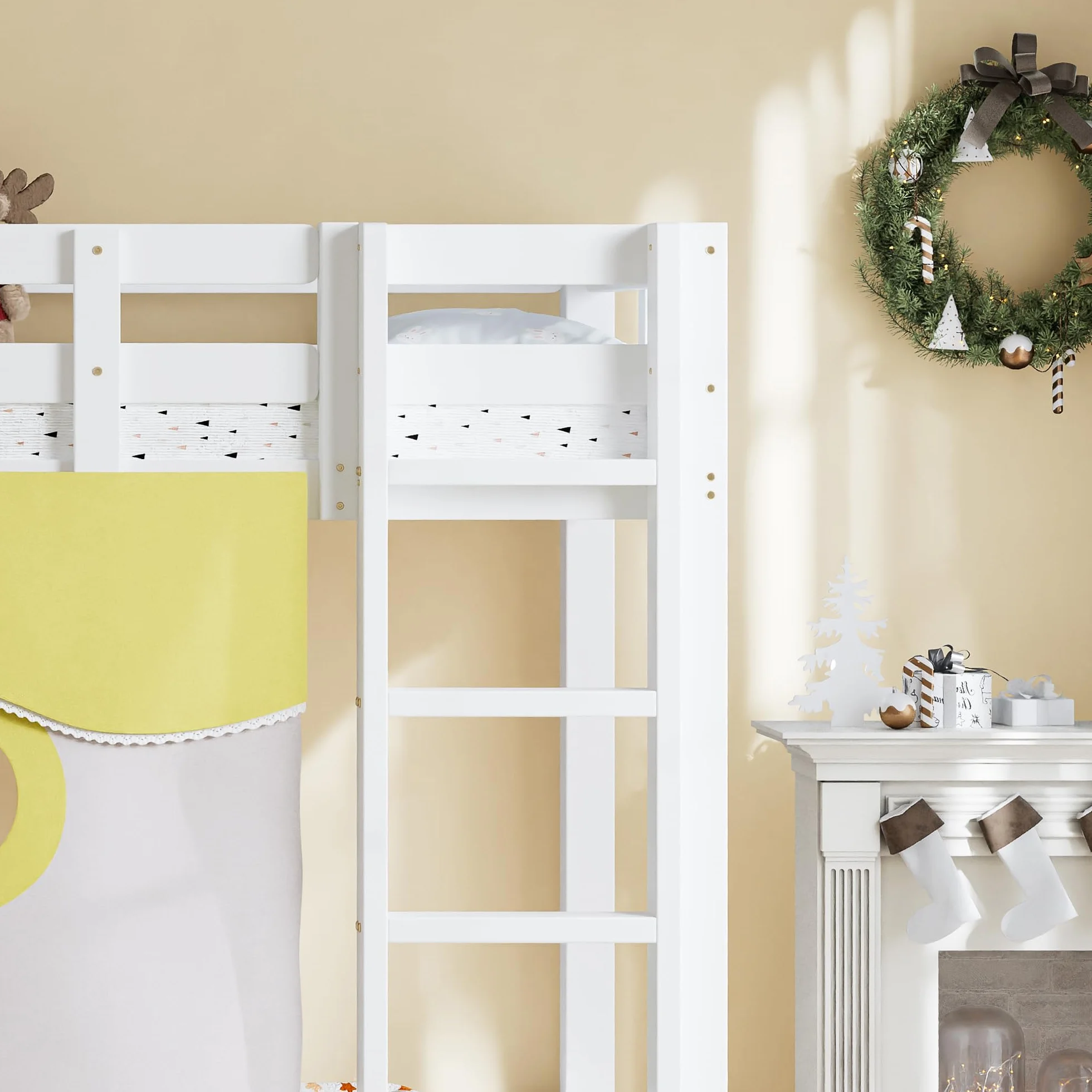 Lit superposé pour Enfants avec Toboggan, lit en Bois avec escalier et clôtures, lit pour Enfant avec Rideau de lit, Protection Anti-Chute, Bois Massif (sans Matelas) (Blanc-02W, 90x200cm)