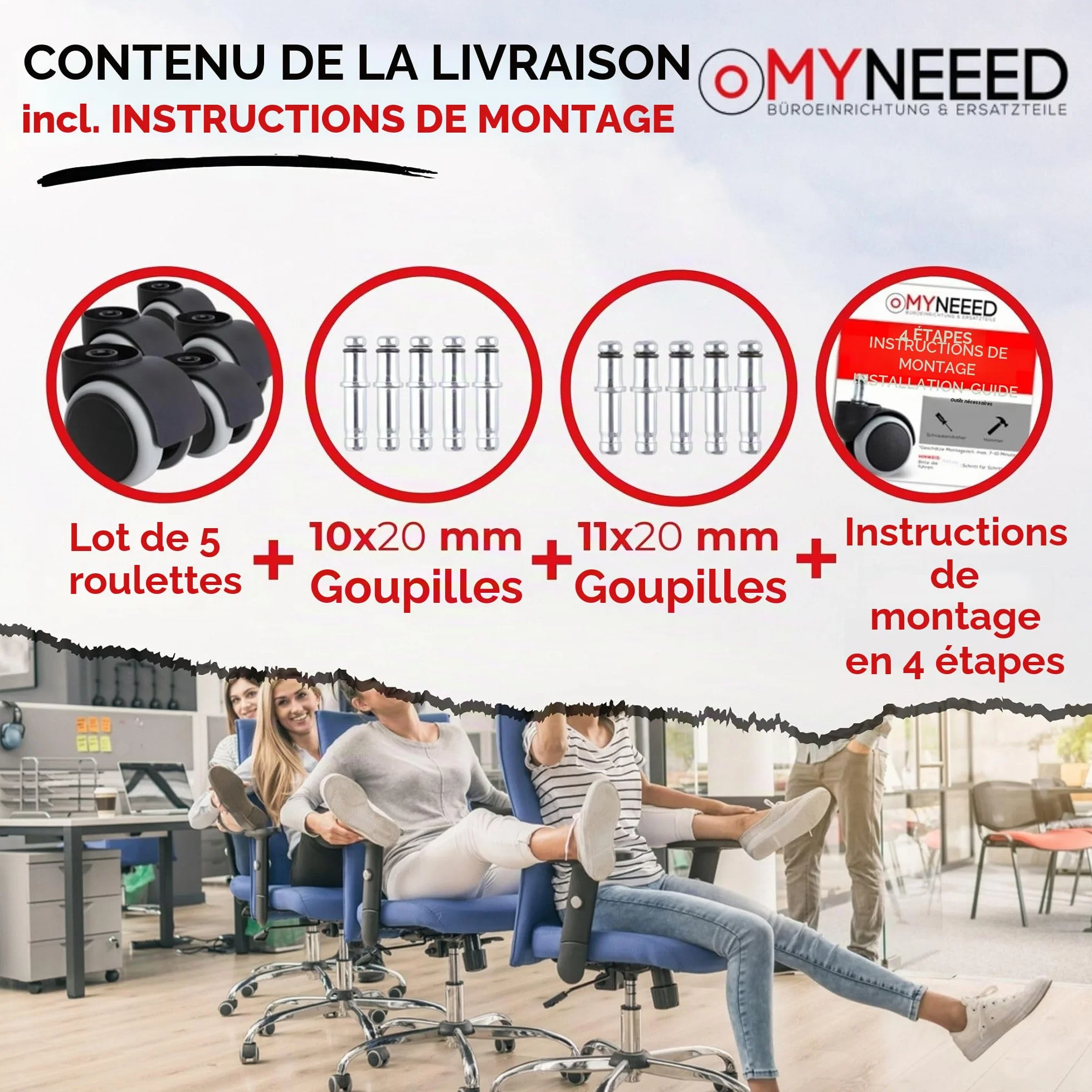 Roulettes pour sols durs 10 mm/11 mm pour toutes les marques de chaises de bureau – Roulettes résistantes sans goupille pour sols stratifiés, parquets, carrelages – Sans rayures et silencieuses