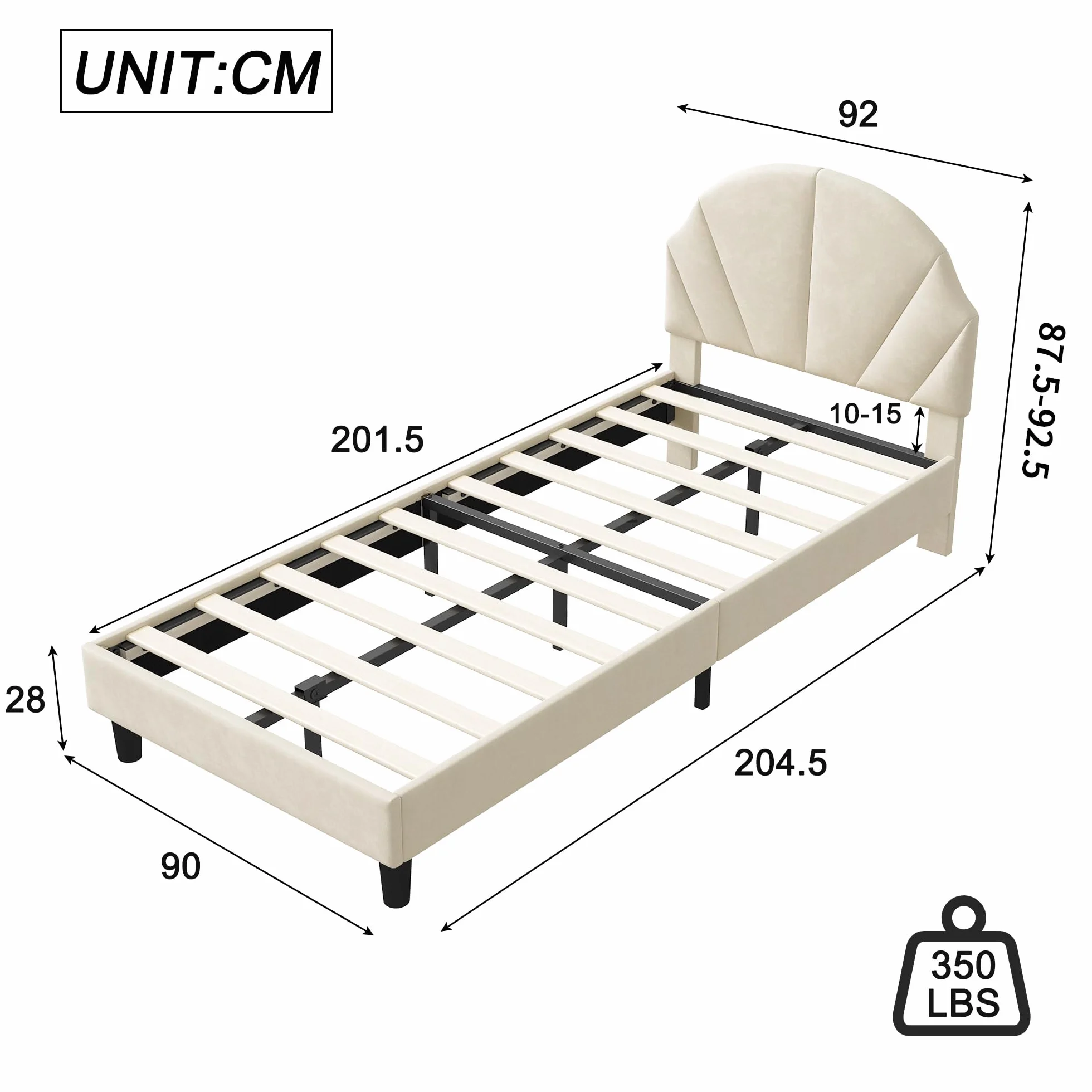 Générique Lit Fille 90x200 cm avec Sommier à Lattes,Tête de lit Réglable en Hauteur,en Forme de Coquillage,Lit Simple Enfant Fille en Velours,Beige(Beige, 90_x_200_cm)