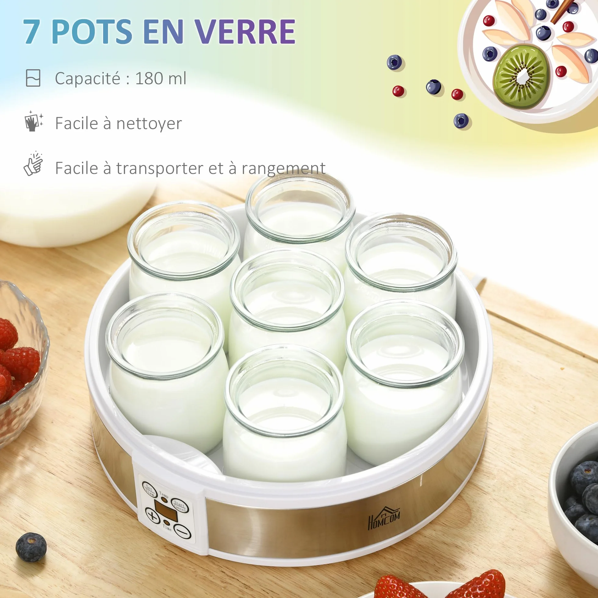 HOMCOM Yaourtière 7 Pots en Verre de 180ml, Machine à Yaourt Électrique en Acier Inoxydable avec Minuterie, Thermostat Réglable et Affichage LED pour Desserts Maison Sains, Blanc